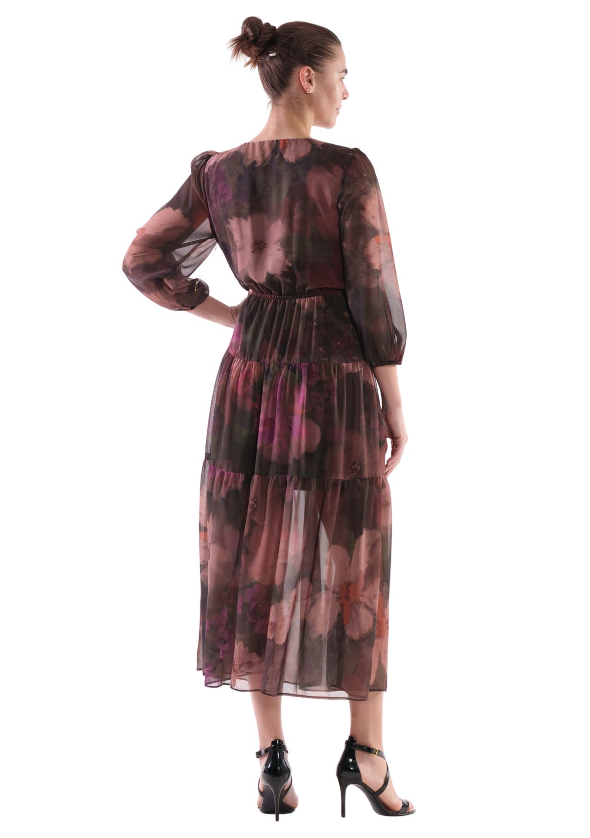 Womens Abstract Floral Printed Tiered Chiffon Fit and Flare Dress
