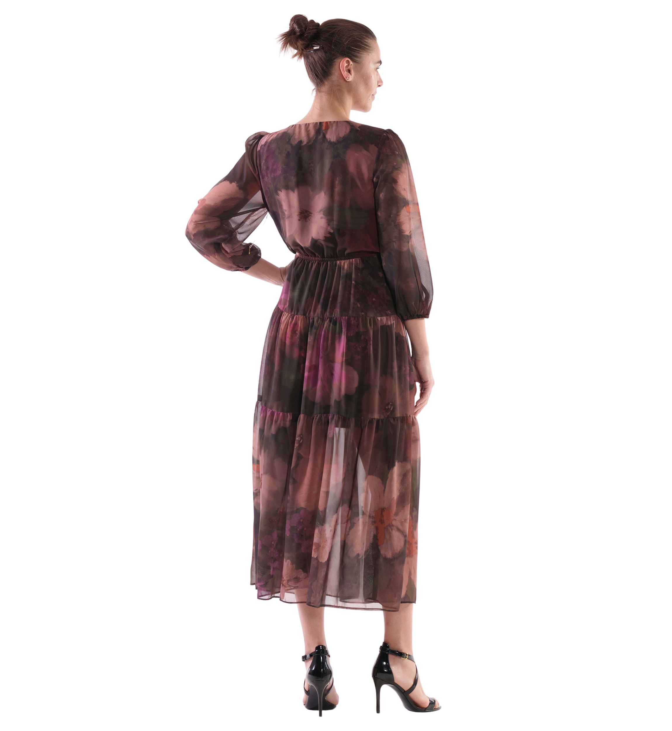 Womens Abstract Floral Printed Tiered Chiffon Fit and Flare Dress
