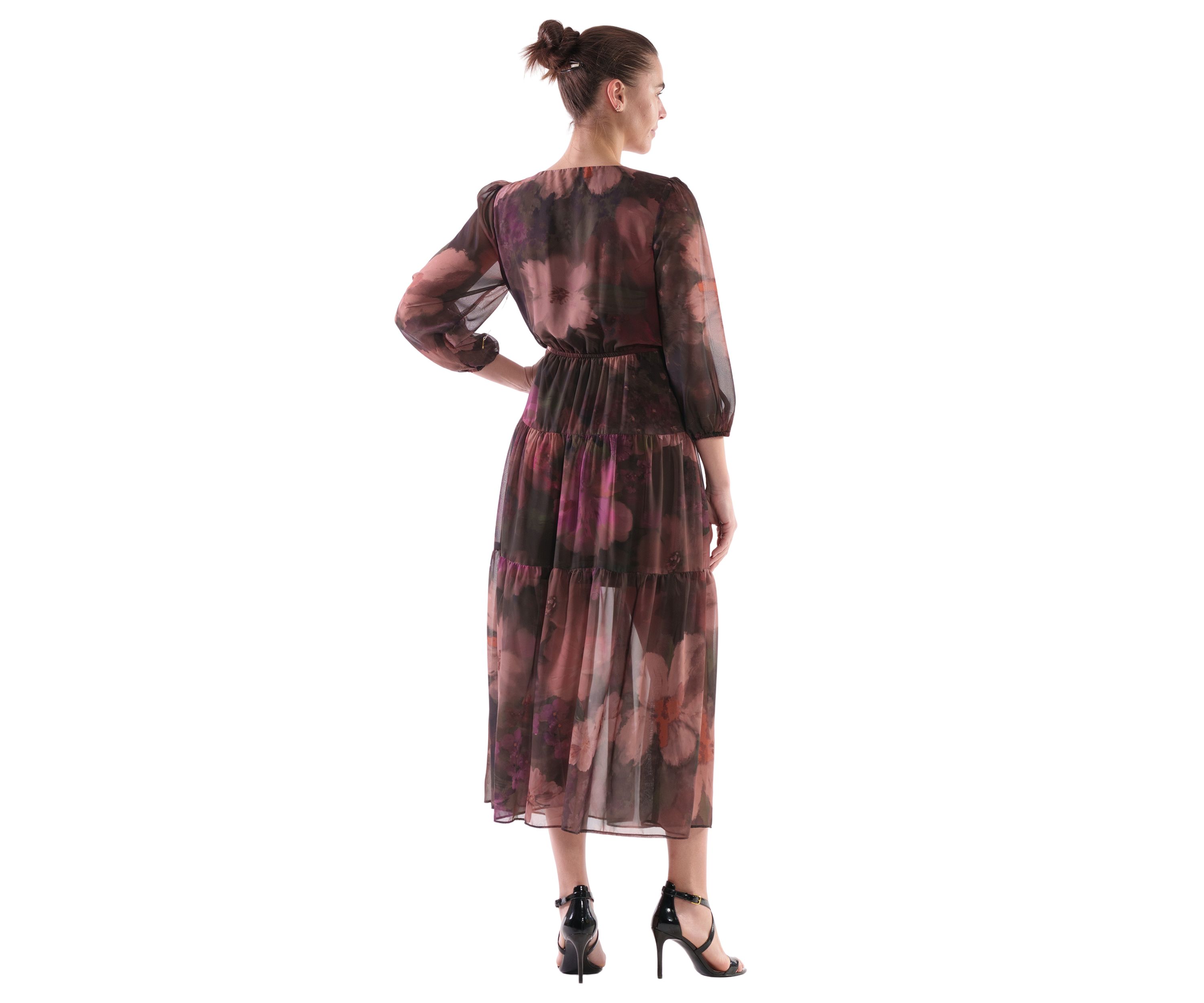 Womens Abstract Floral Printed Tiered Chiffon Fit and Flare Dress