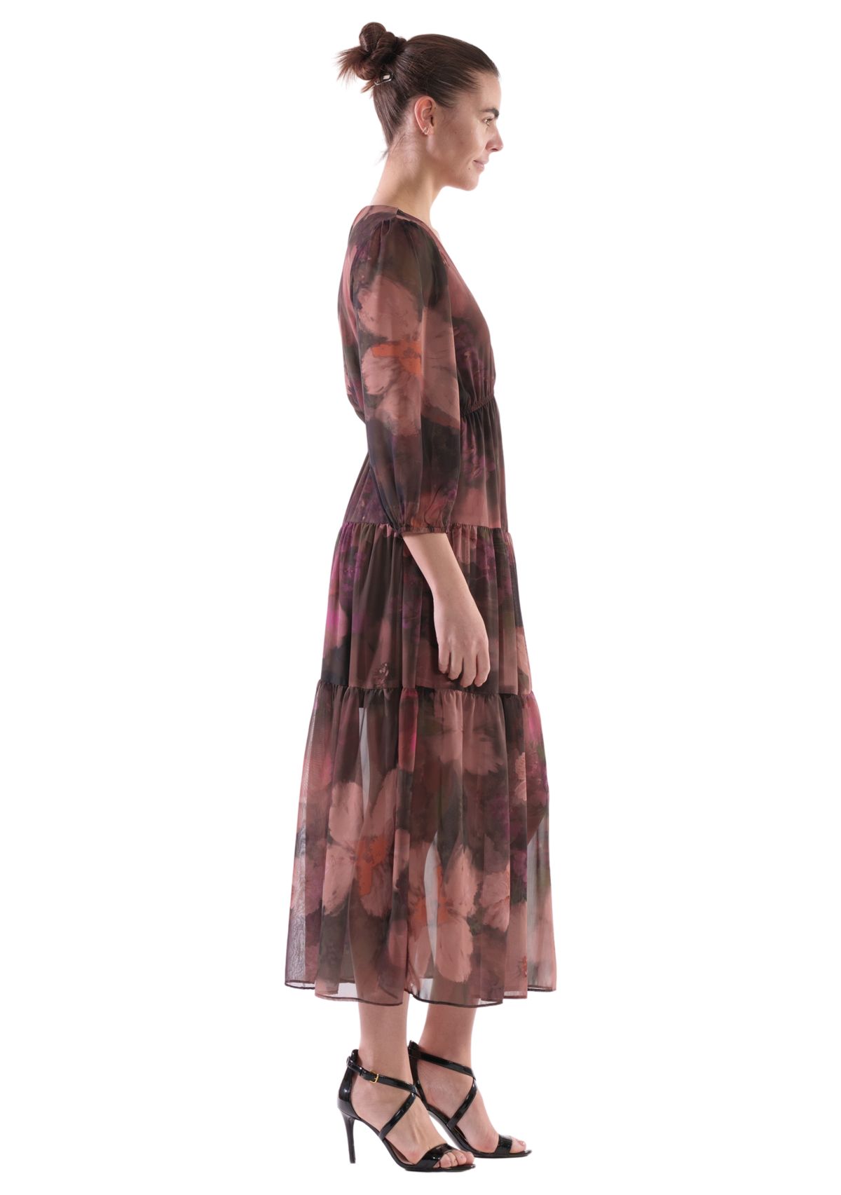 Womens Abstract Floral Printed Tiered Chiffon Fit and Flare Dress