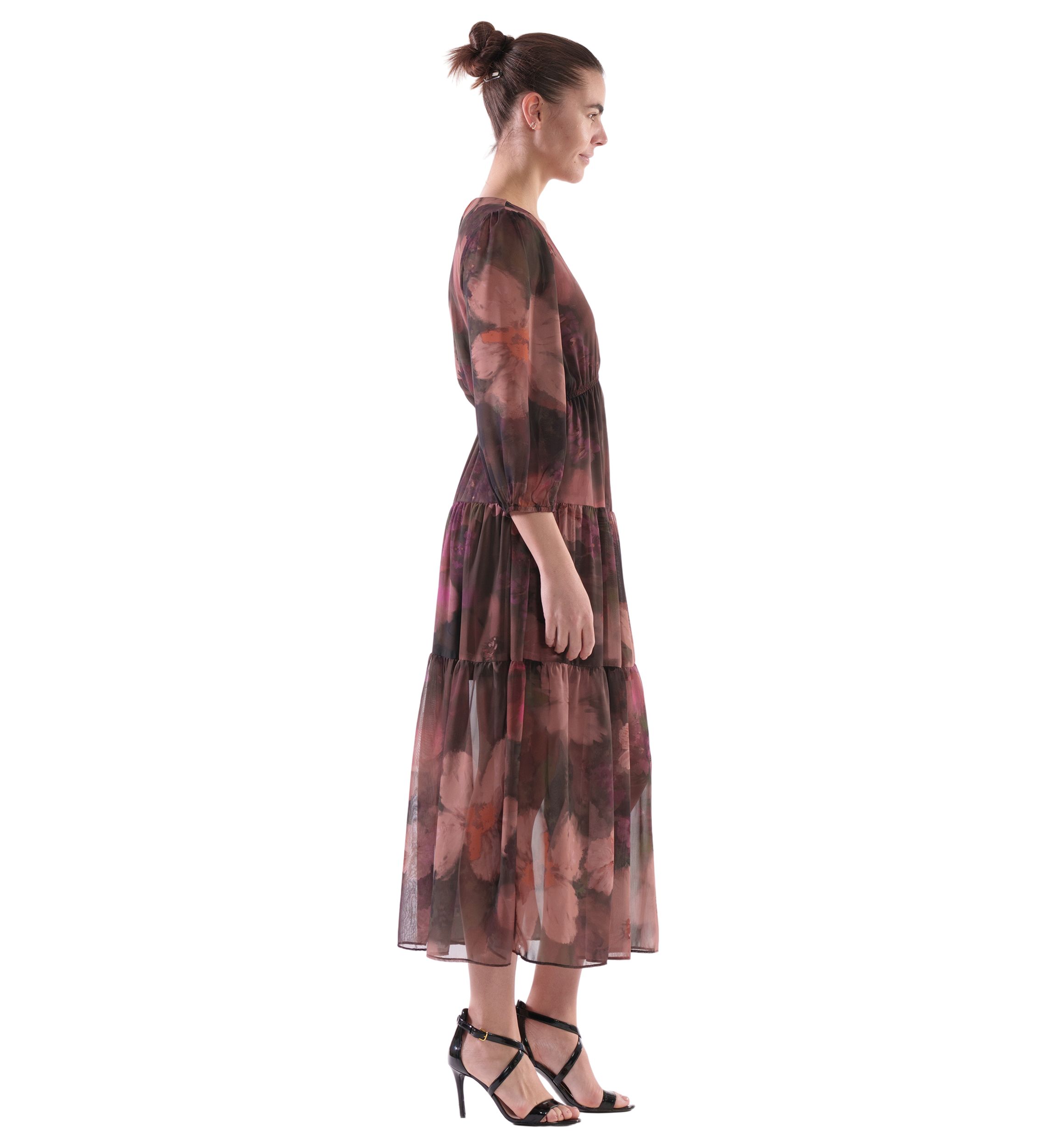 Womens Abstract Floral Printed Tiered Chiffon Fit and Flare Dress