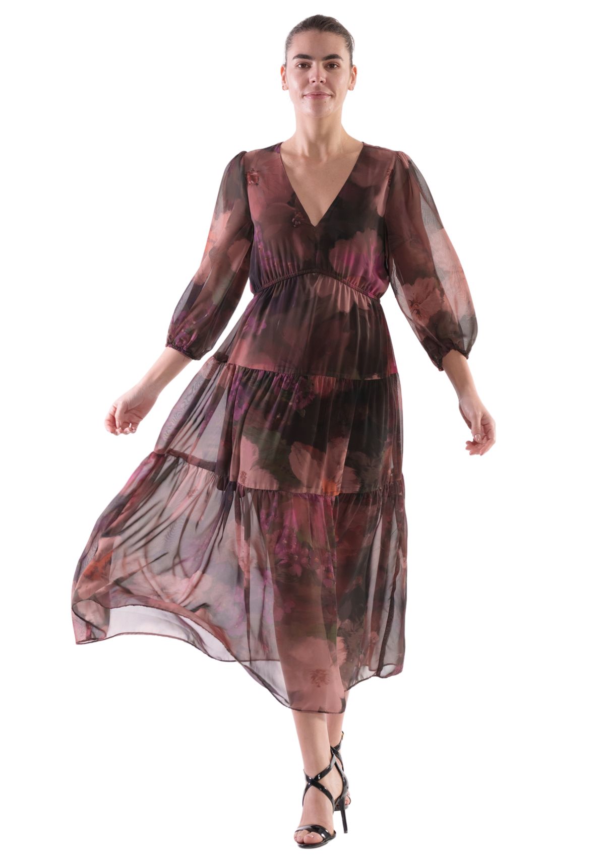 Womens Abstract Floral Printed Tiered Chiffon Fit and Flare Dress