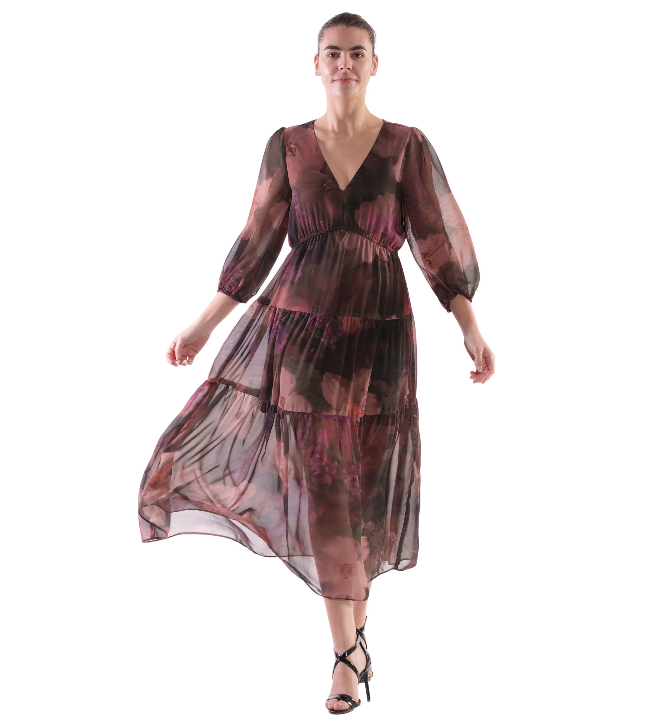 Womens Abstract Floral Printed Tiered Chiffon Fit and Flare Dress