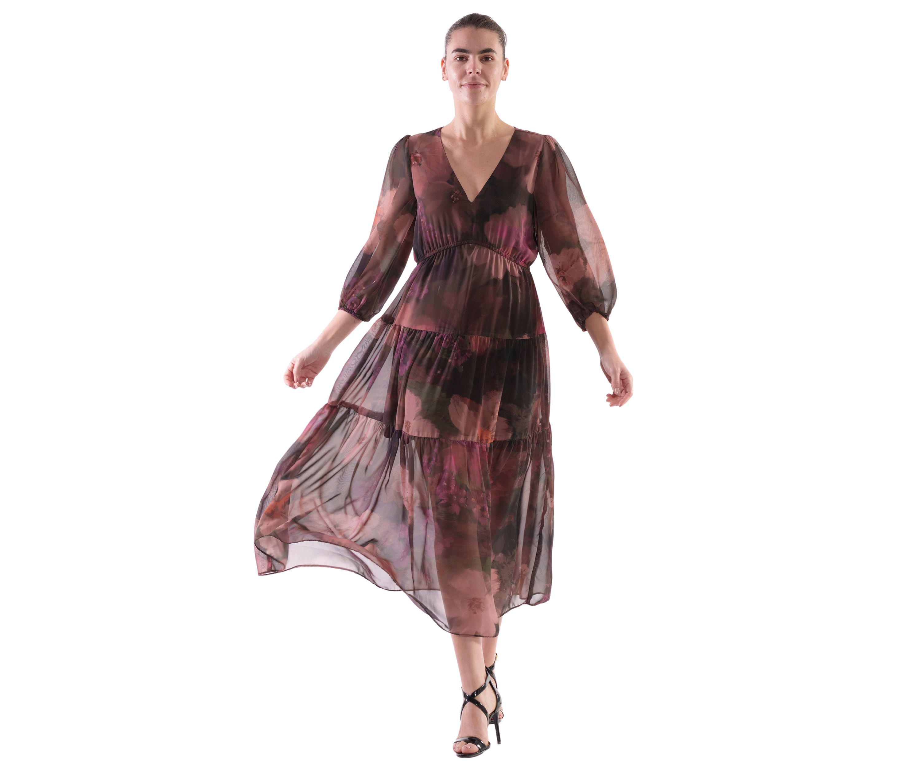 Womens Abstract Floral Printed Tiered Chiffon Fit and Flare Dress