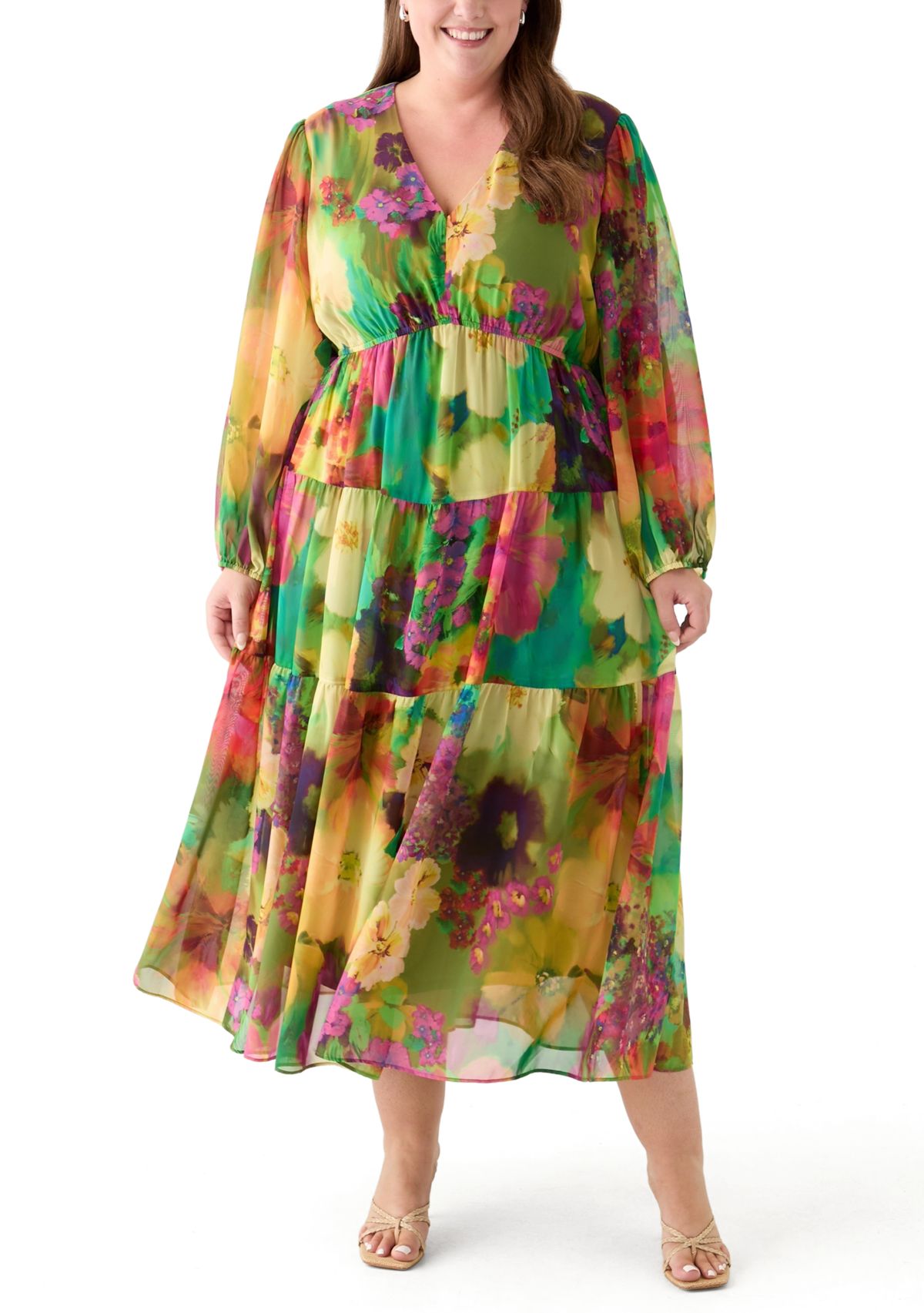 Plus Size Long Sleeve V-Neck Floral Print Maxi Dress