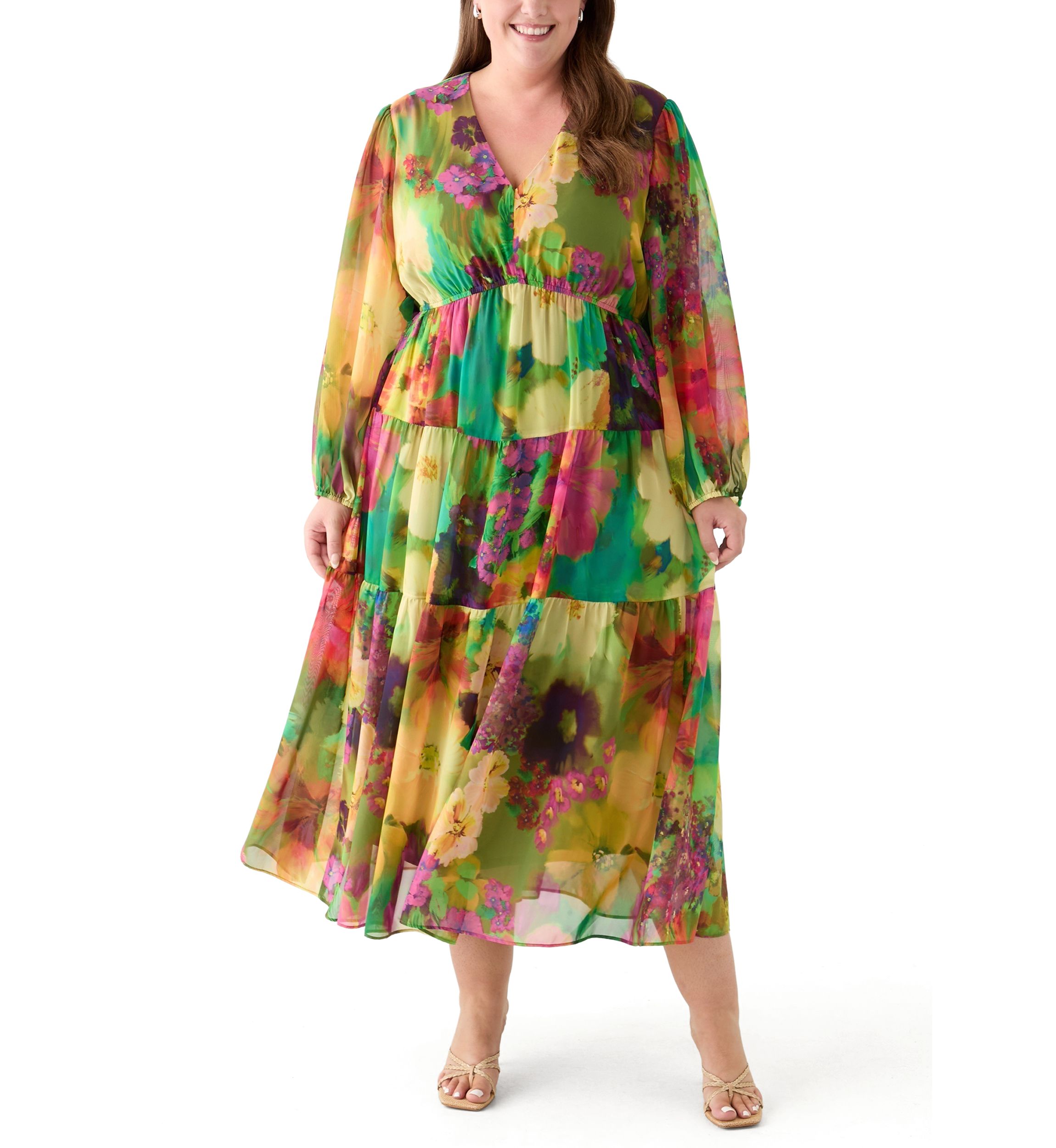 Plus Size Long Sleeve V-Neck Floral Print Maxi Dress