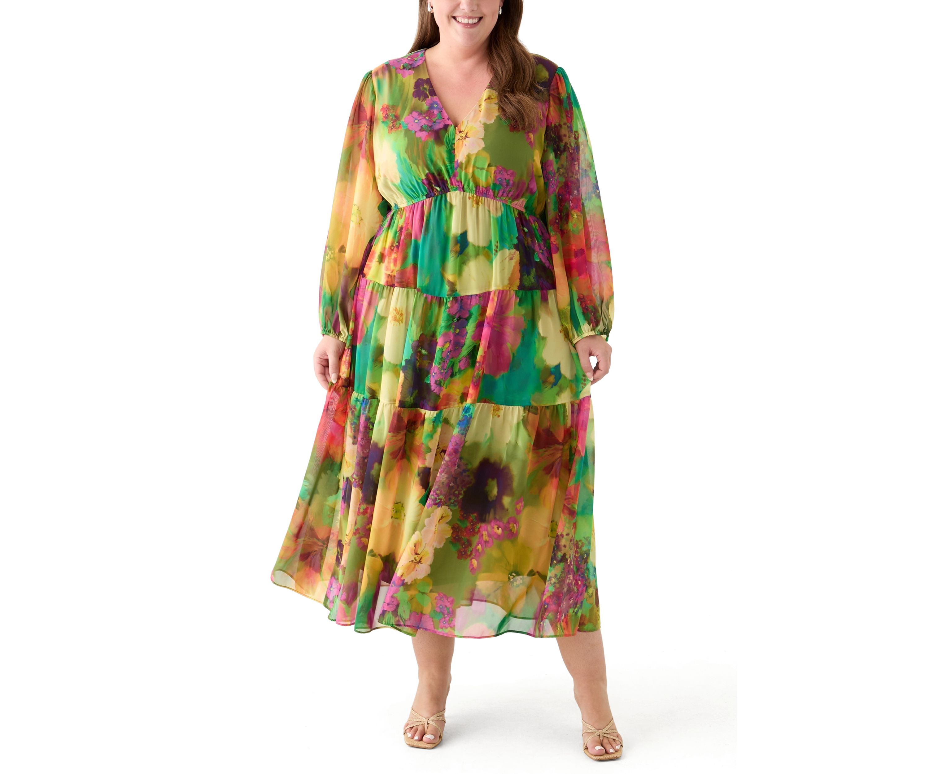 Plus Size Long Sleeve V-Neck Floral Print Maxi Dress