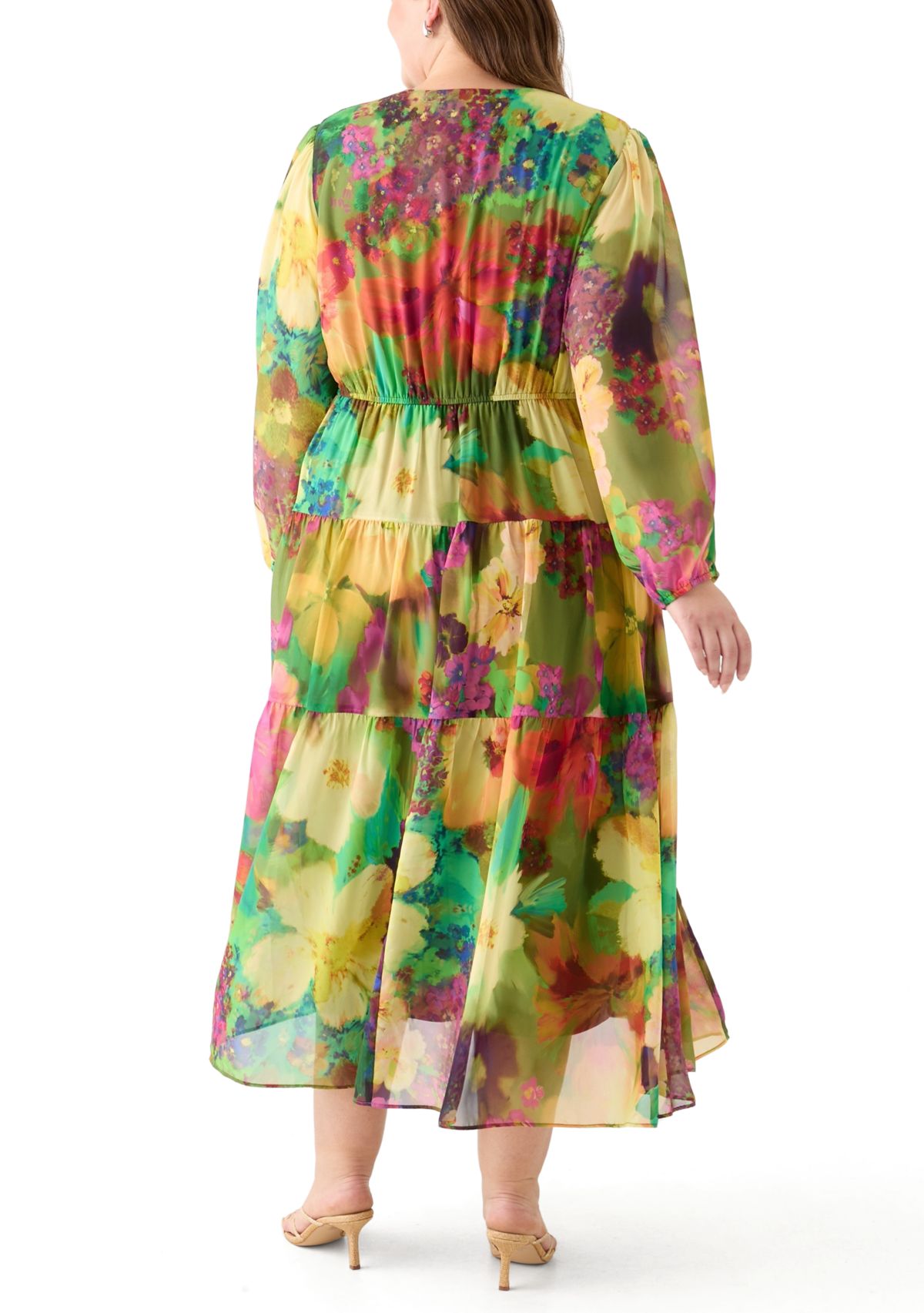 Plus Size Long Sleeve V-Neck Floral Print Maxi Dress