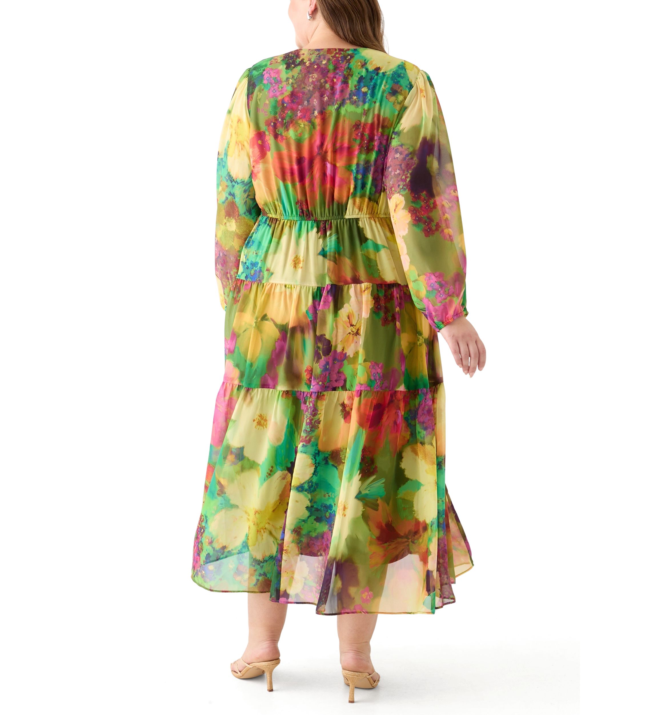 Plus Size Long Sleeve V-Neck Floral Print Maxi Dress