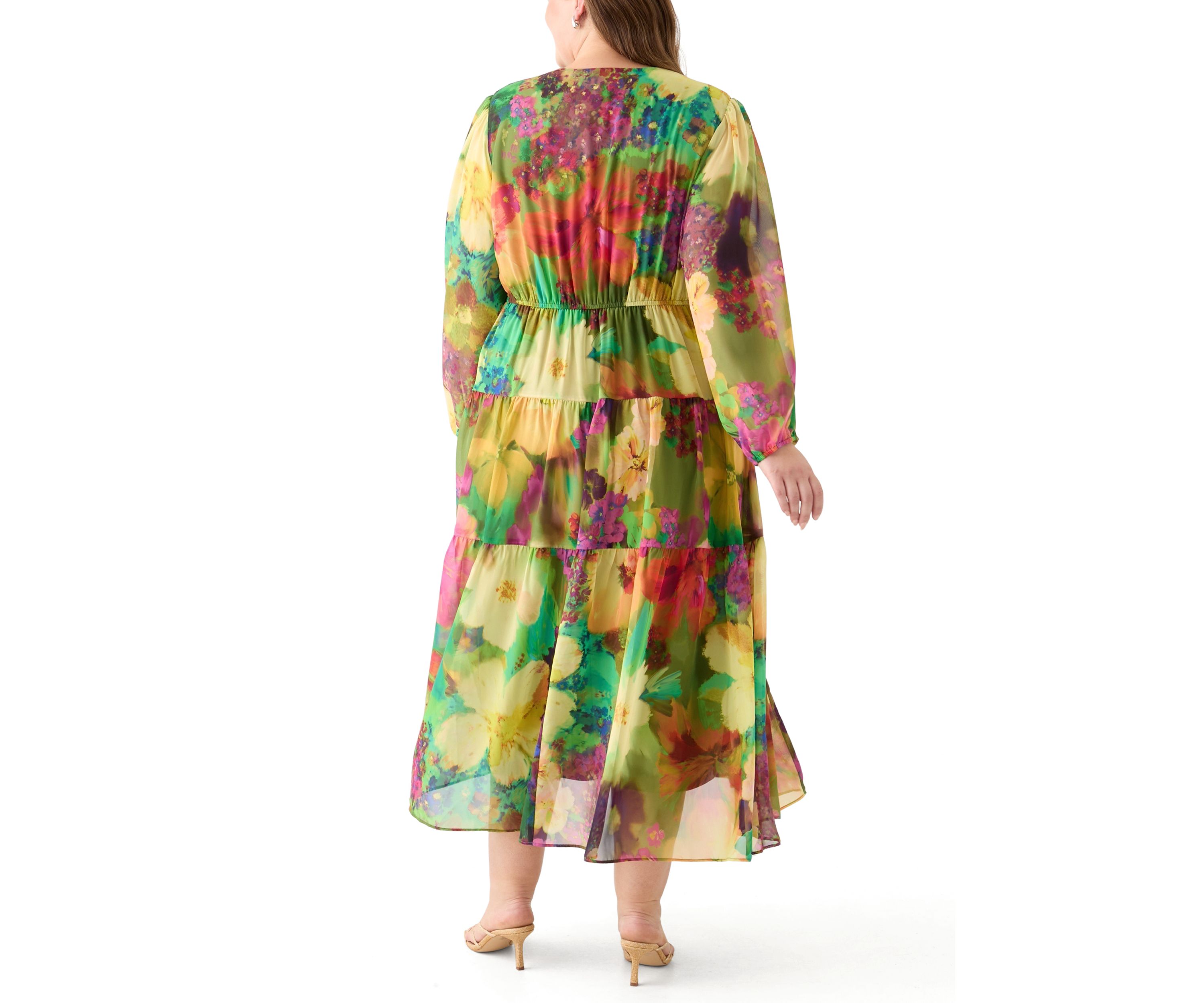 Plus Size Long Sleeve V-Neck Floral Print Maxi Dress