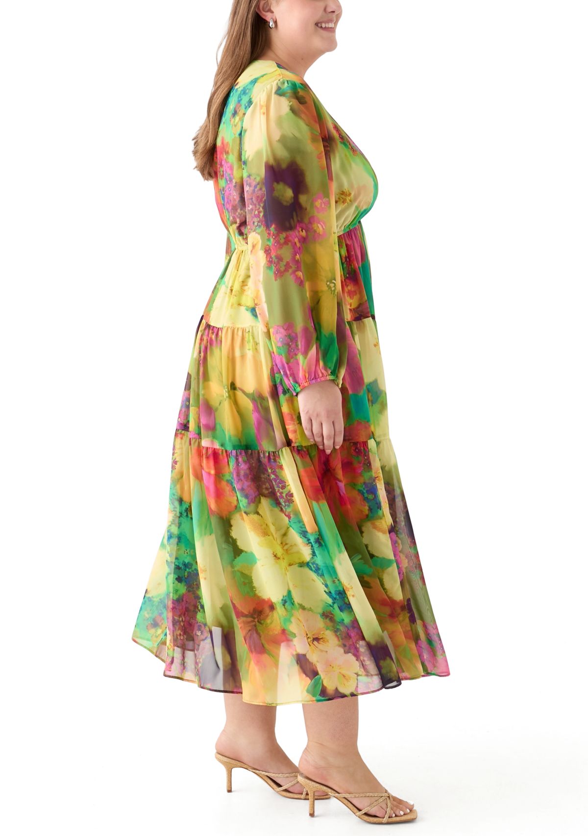 Plus Size Long Sleeve V-Neck Floral Print Maxi Dress