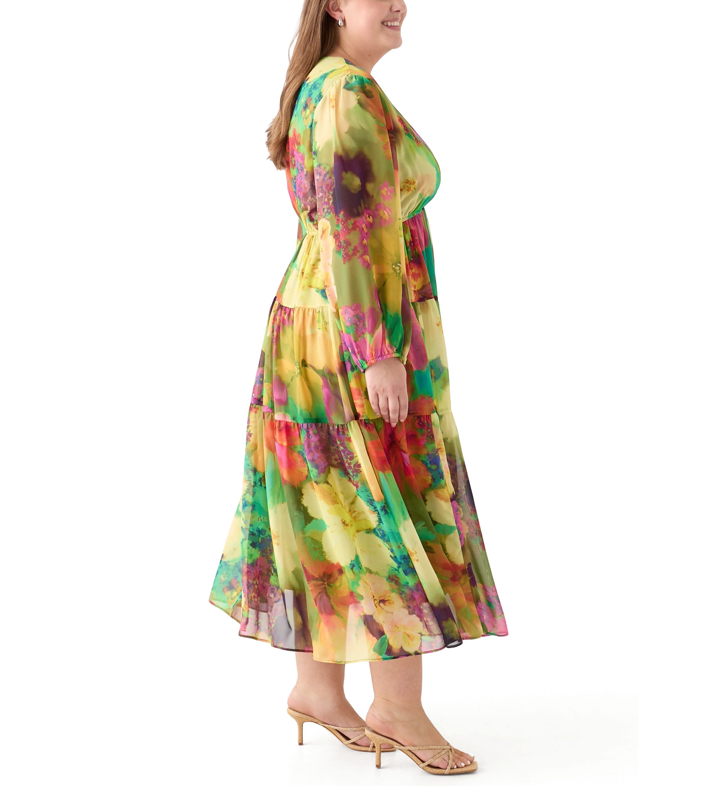 Plus Size Long Sleeve V-Neck Floral Print Maxi Dress