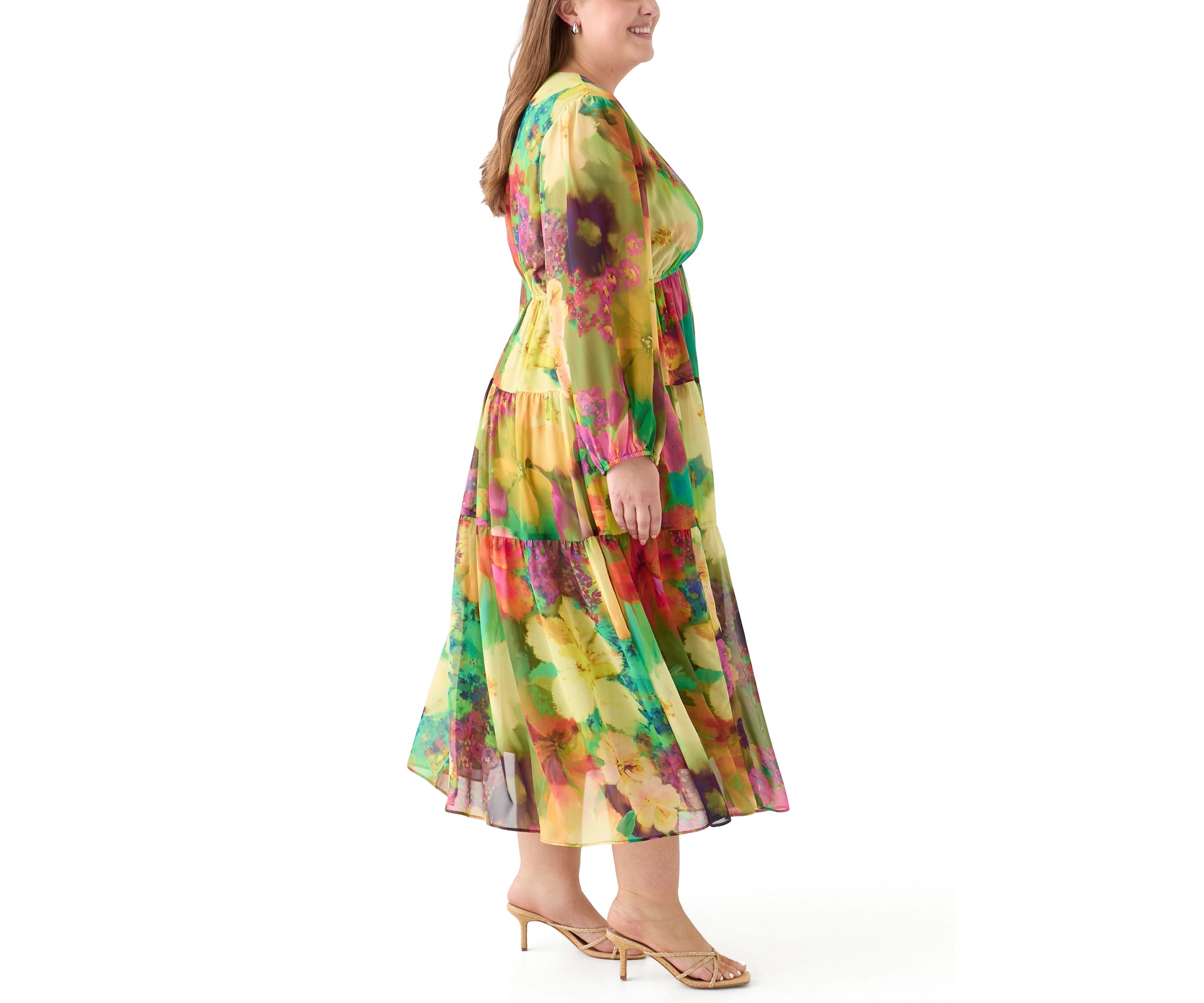 Plus Size Long Sleeve V-Neck Floral Print Maxi Dress