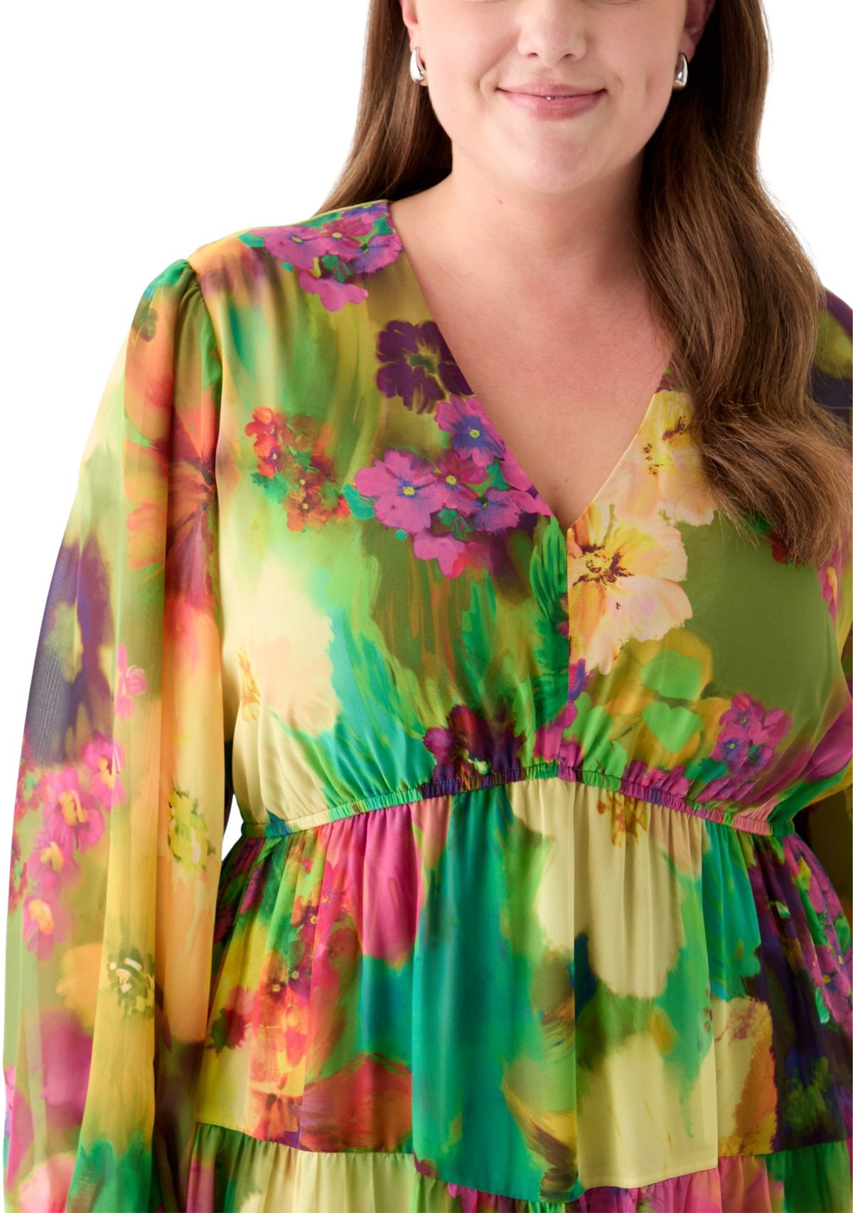 Plus Size Long Sleeve V-Neck Floral Print Maxi Dress