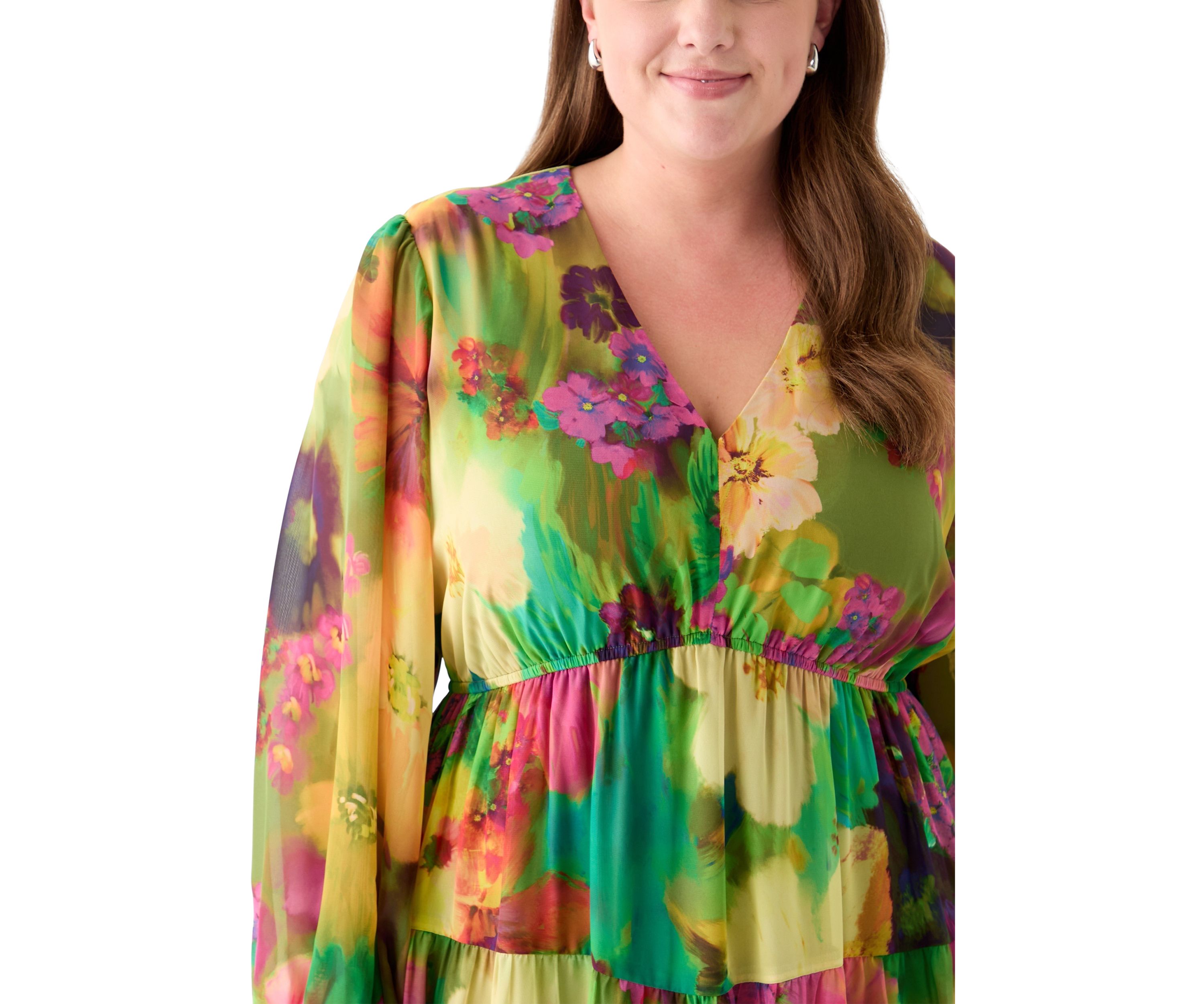 Plus Size Long Sleeve V-Neck Floral Print Maxi Dress