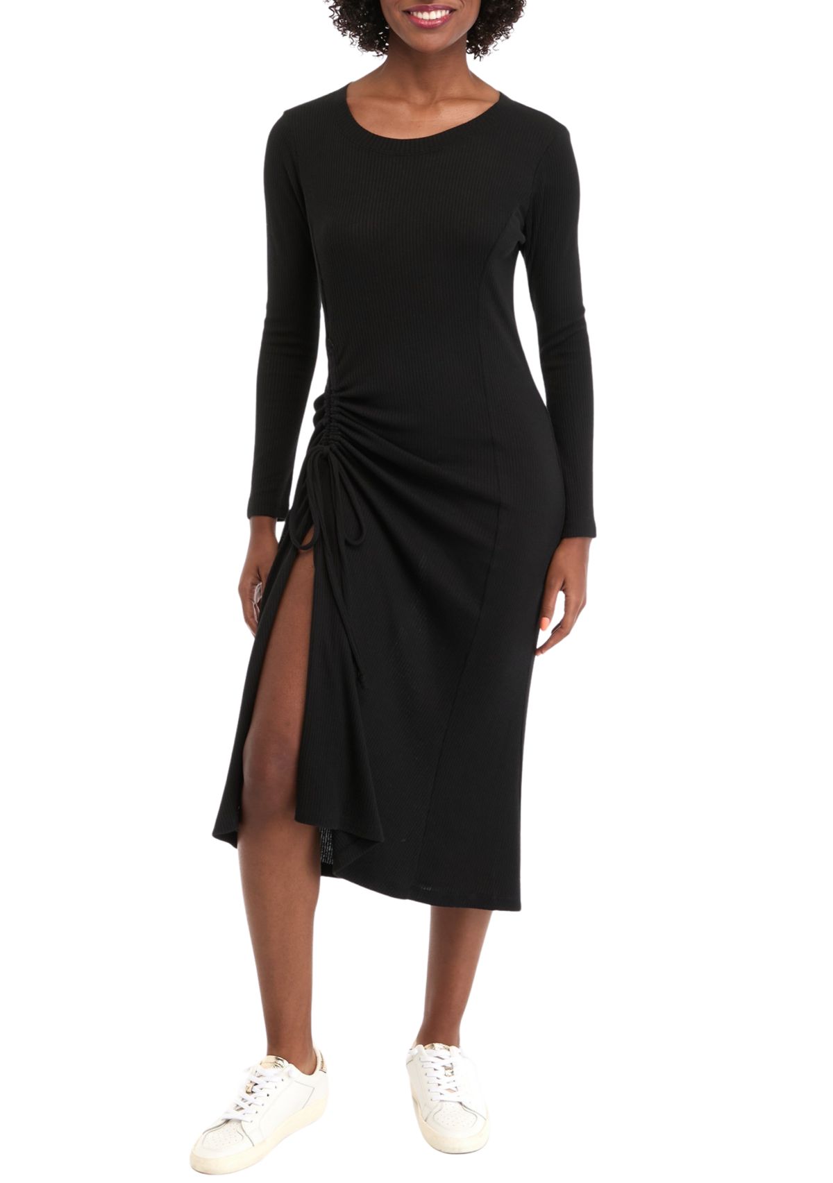 Womens Long Sleeve Crew Neck Side Ruched Knit Midi Sheath Dress