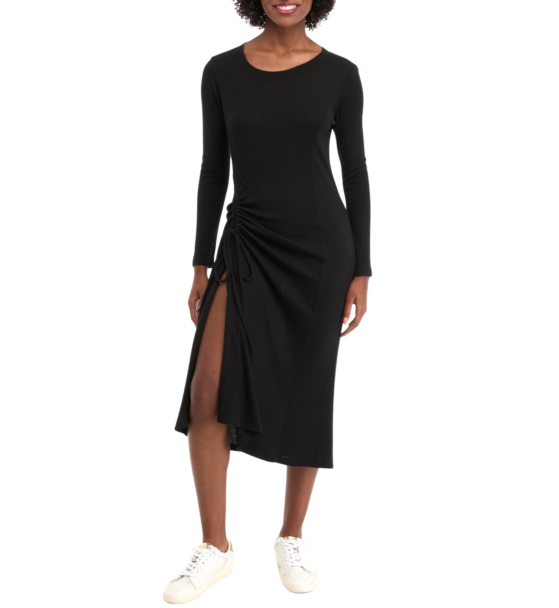 Womens Long Sleeve Crew Neck Side Ruched Knit Midi Sheath Dress