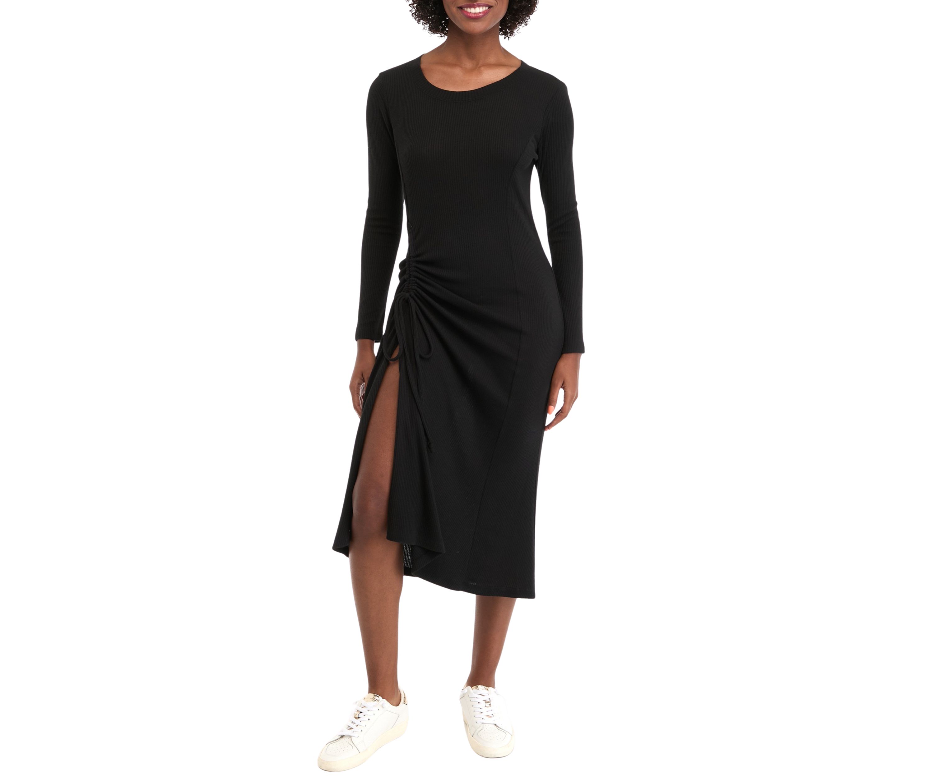 Womens Long Sleeve Crew Neck Side Ruched Knit Midi Sheath Dress