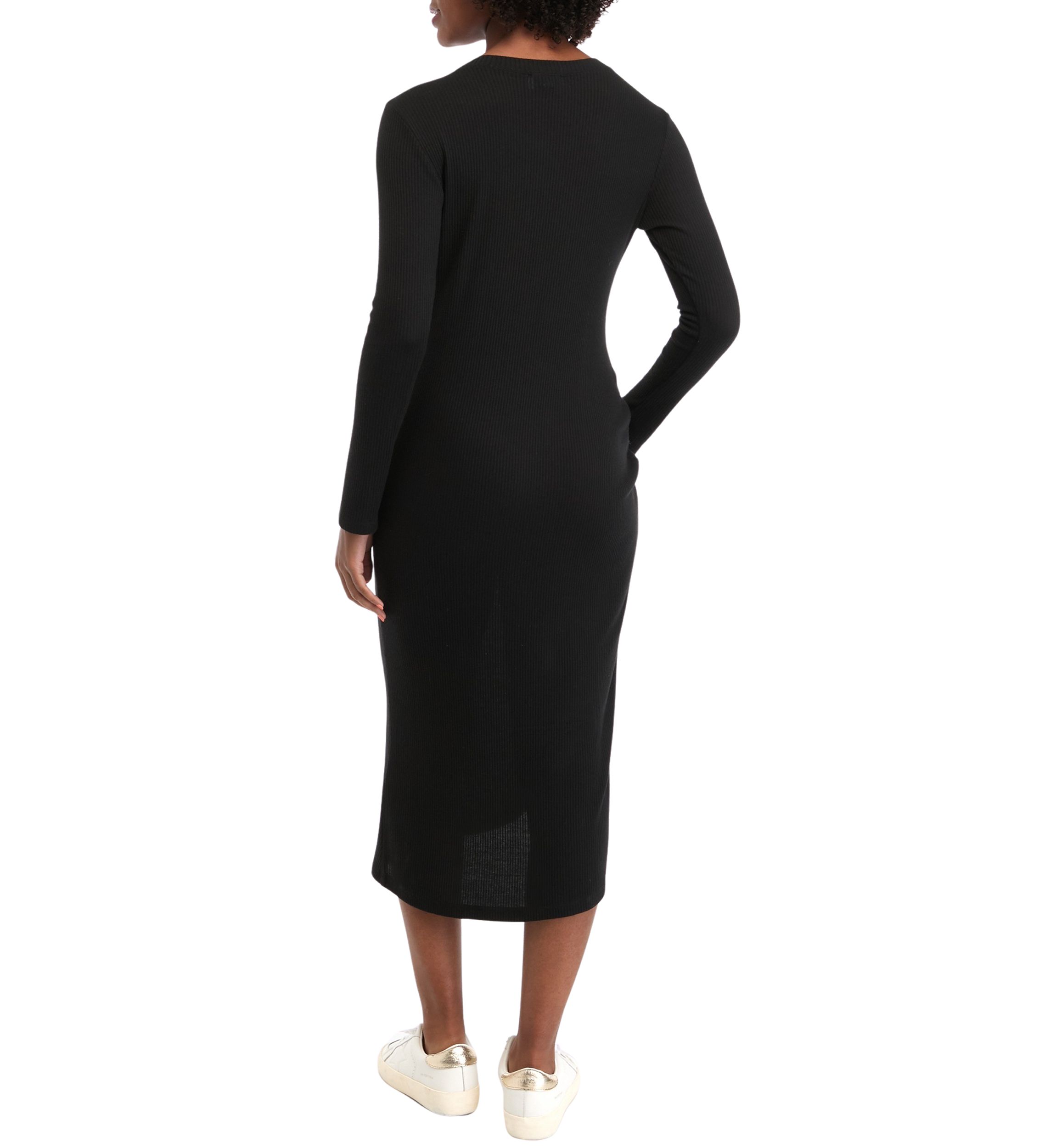 Womens Long Sleeve Crew Neck Side Ruched Knit Midi Sheath Dress