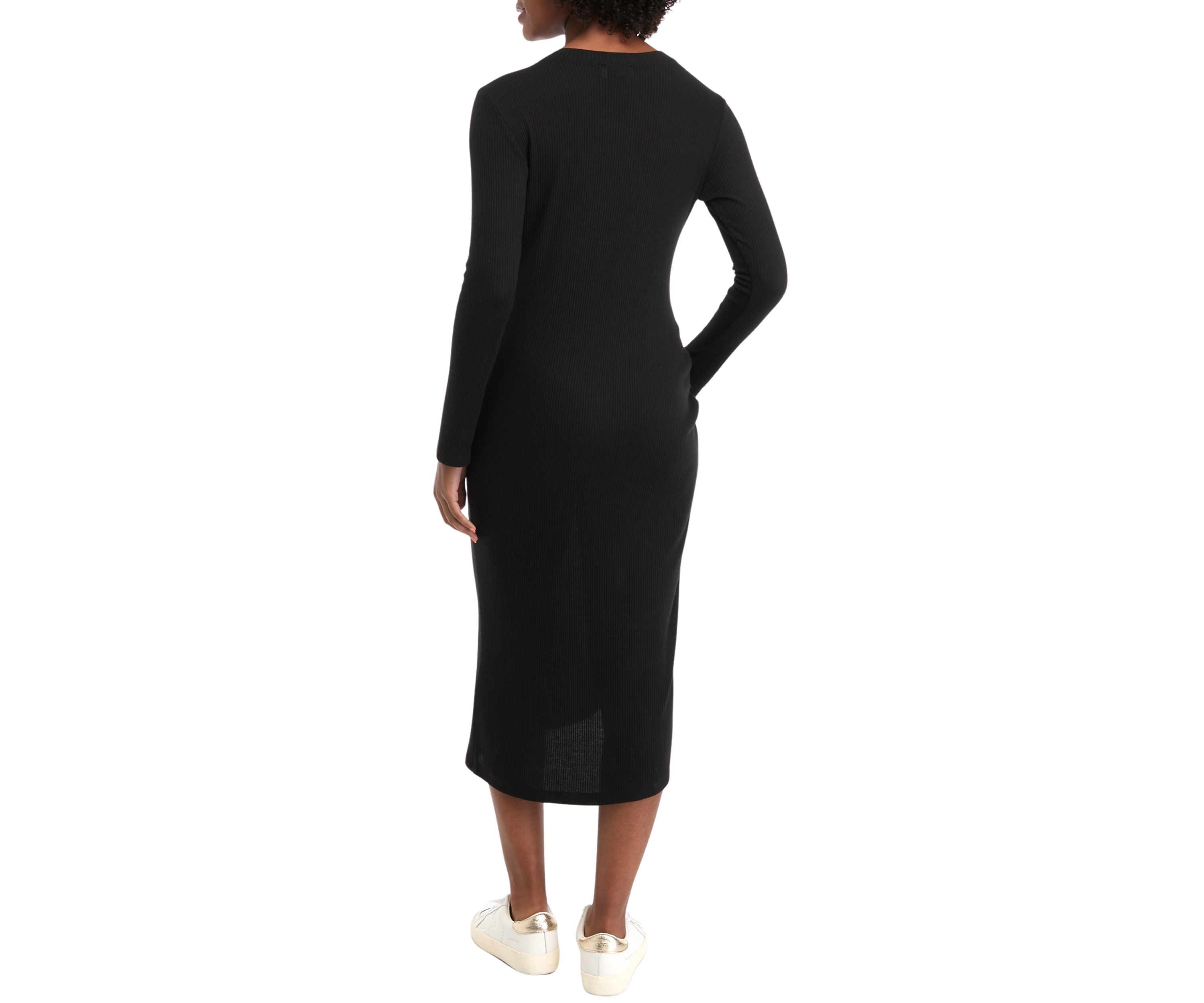 Womens Long Sleeve Crew Neck Side Ruched Knit Midi Sheath Dress