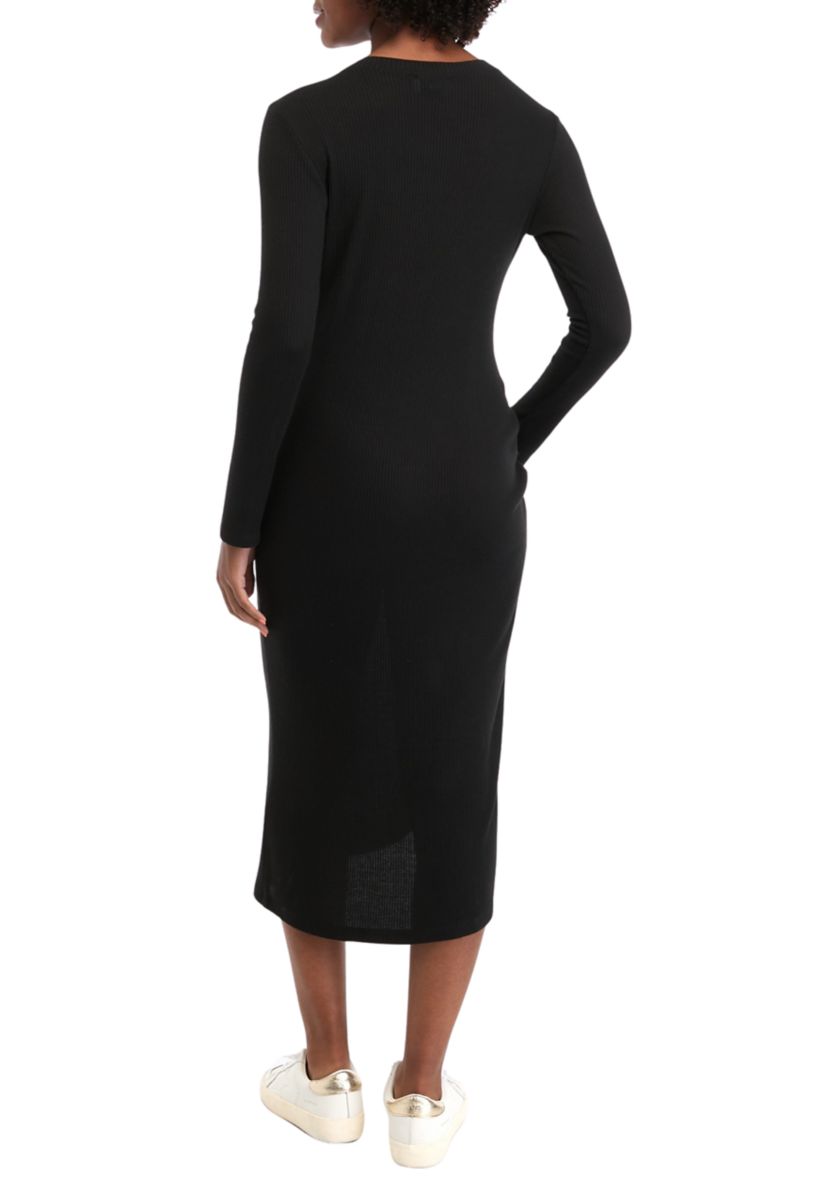 Womens Long Sleeve Crew Neck Side Ruched Knit Midi Sheath Dress