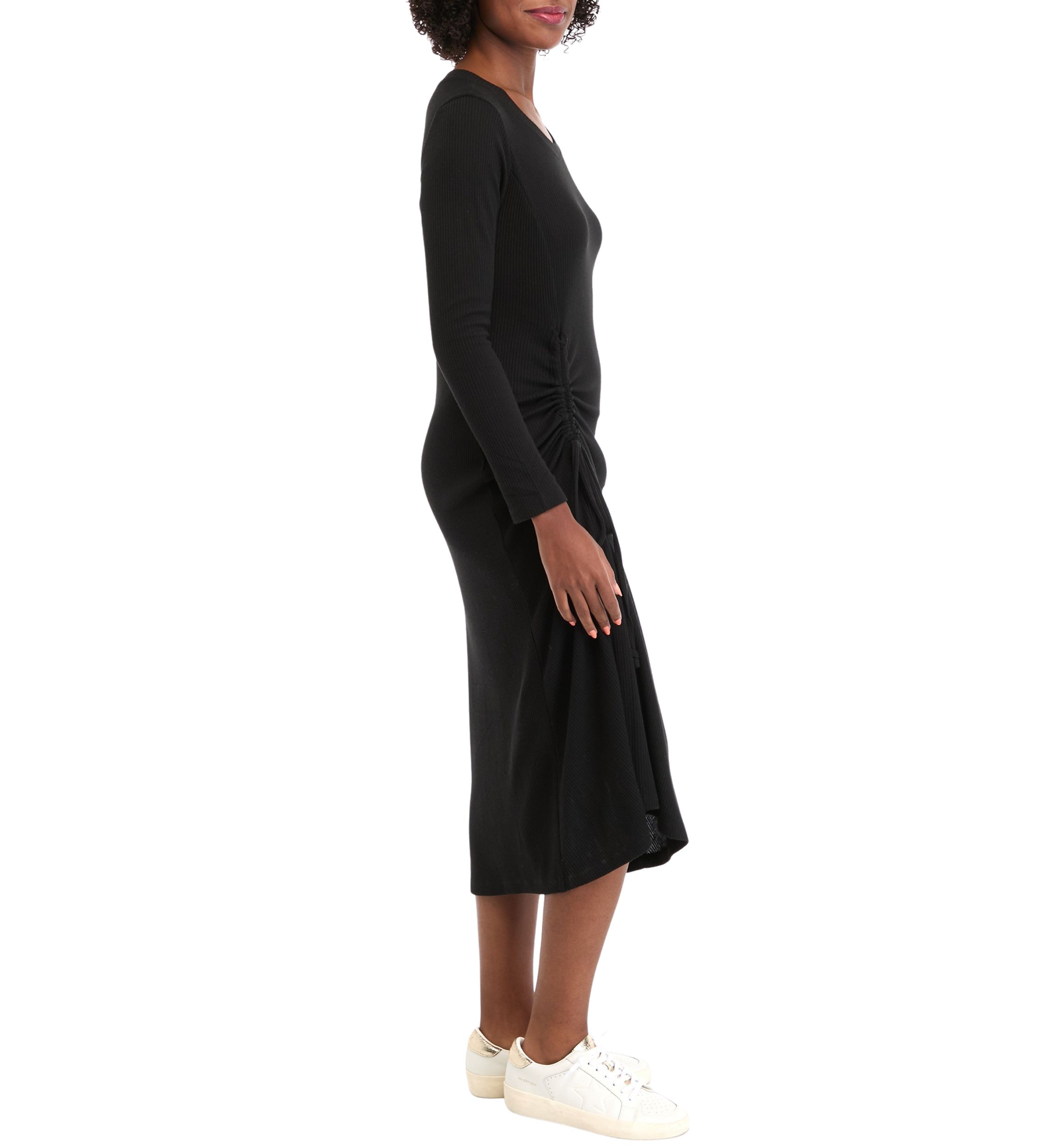 Womens Long Sleeve Crew Neck Side Ruched Knit Midi Sheath Dress