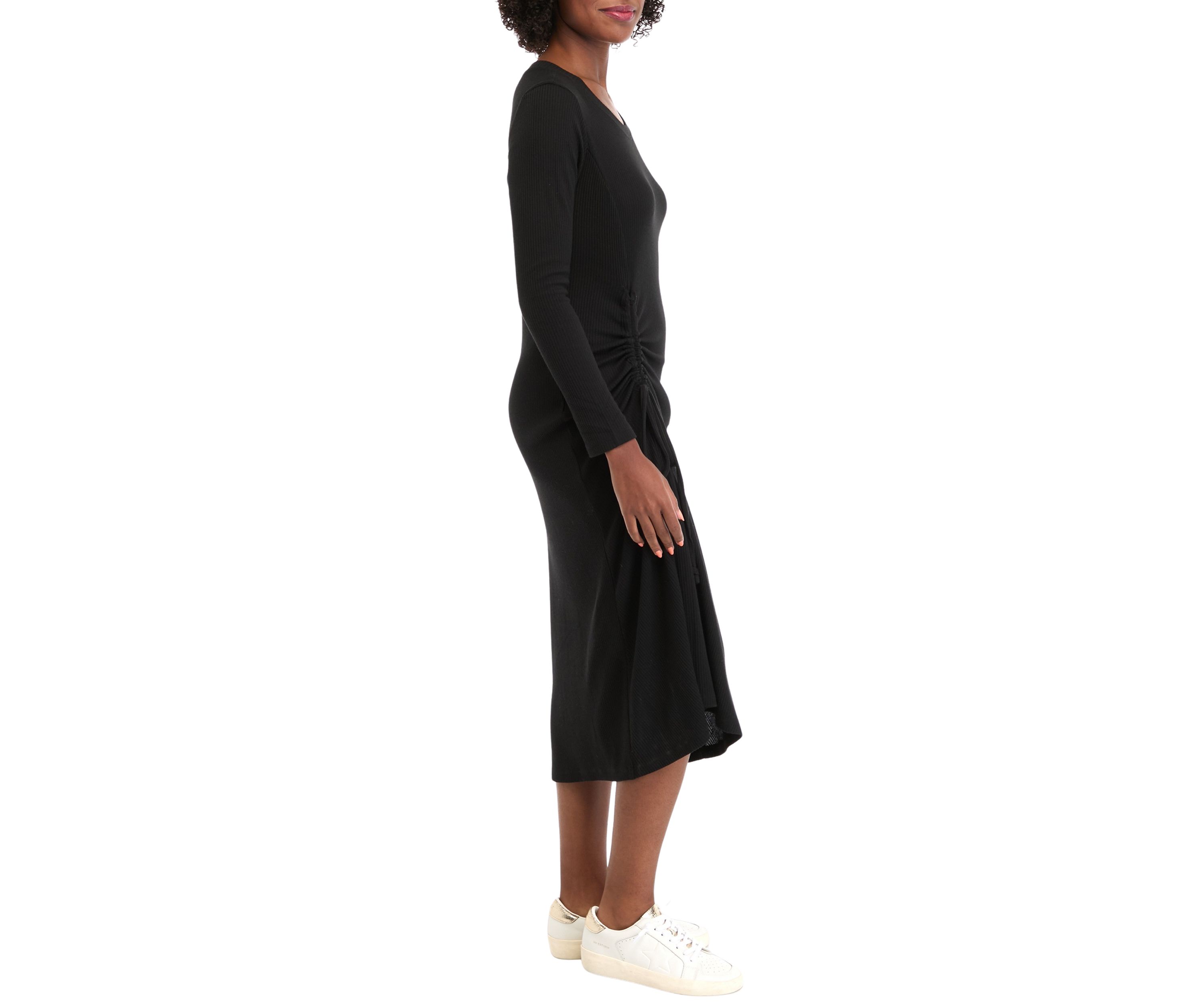 Womens Long Sleeve Crew Neck Side Ruched Knit Midi Sheath Dress