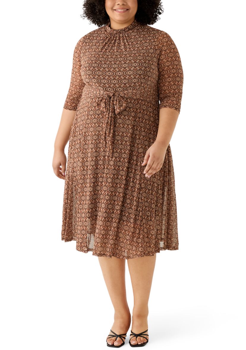 Plus Size 3/4 Tie Front Mesh A-Line Dress