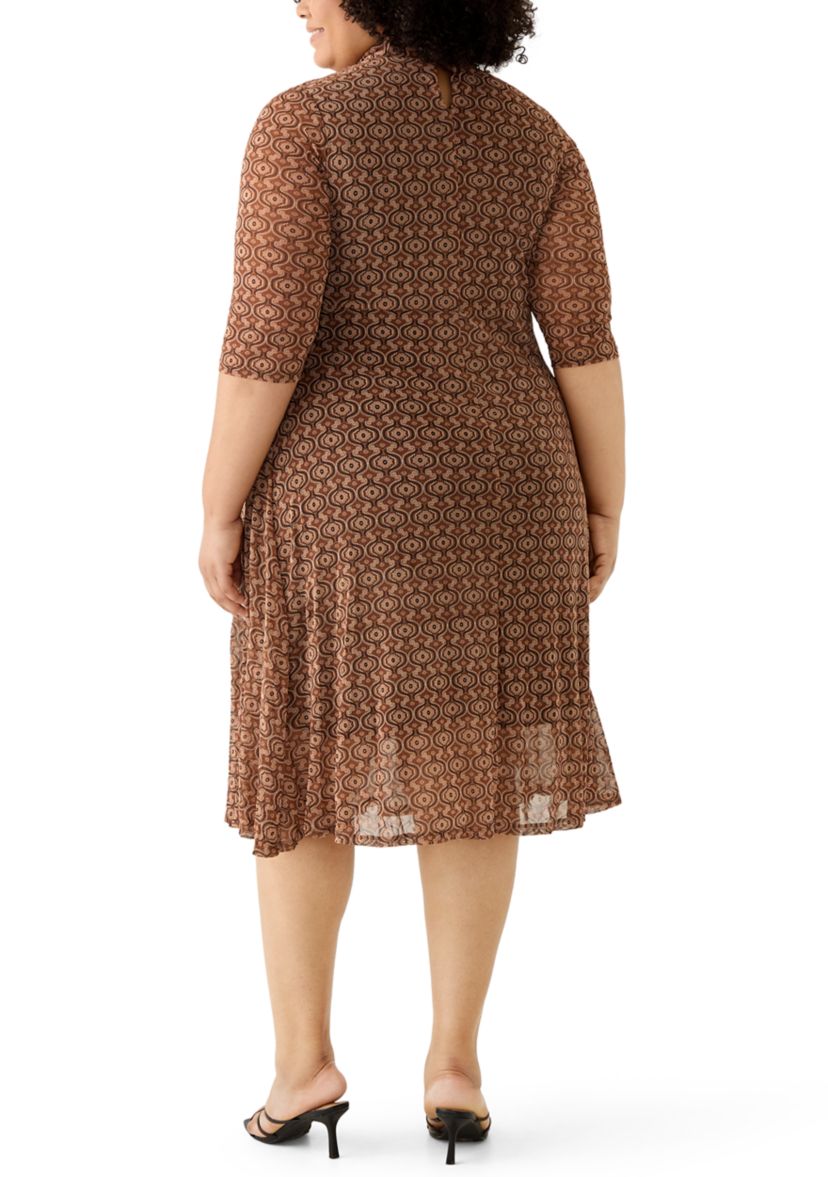 Plus Size 3/4 Tie Front Mesh A-Line Dress