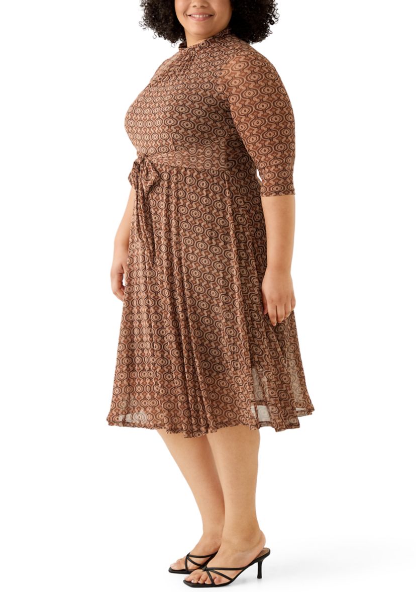 Plus Size 3/4 Tie Front Mesh A-Line Dress
