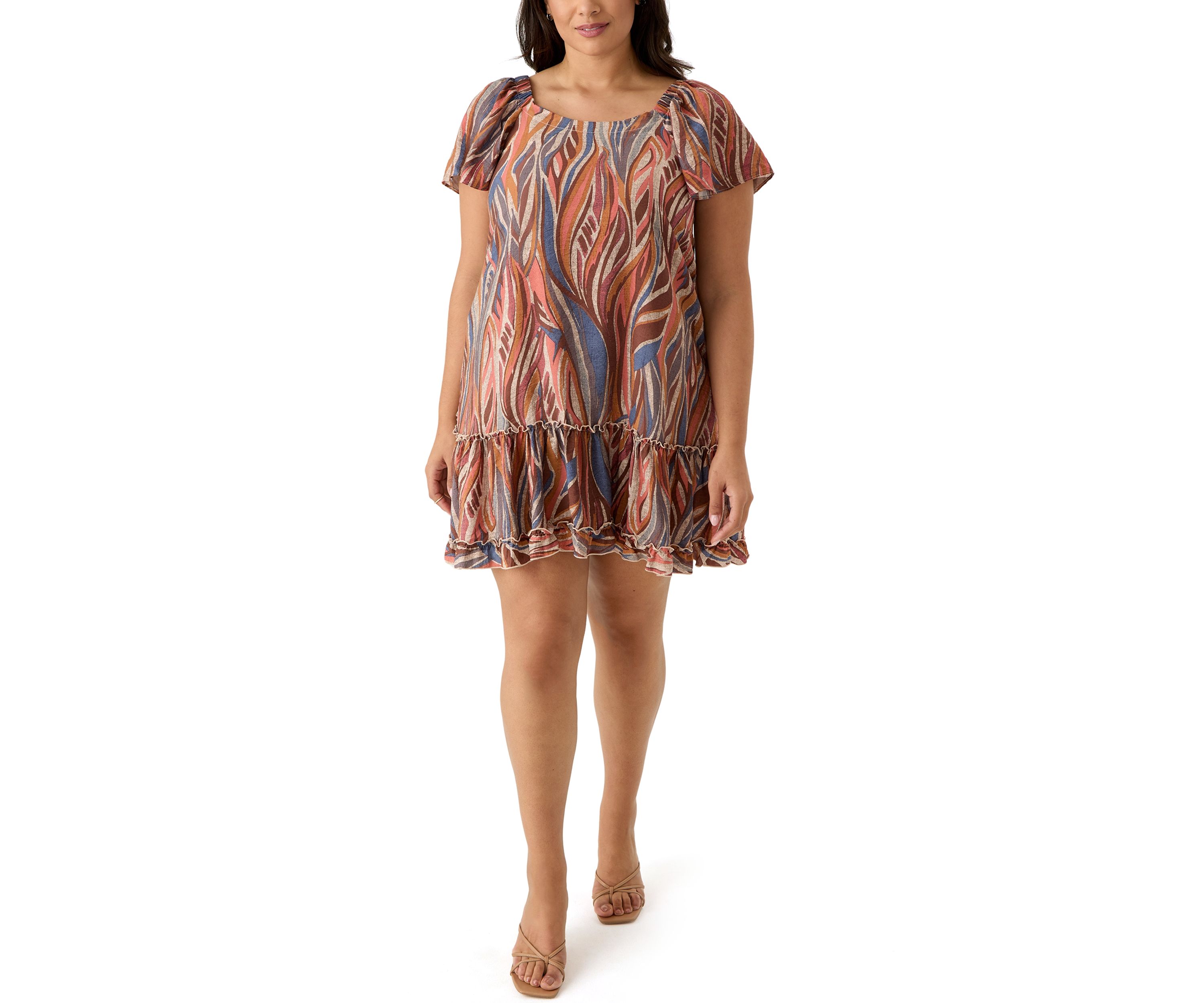 Plus Size Short Sleeve Square Neck Printed A-Line Dress