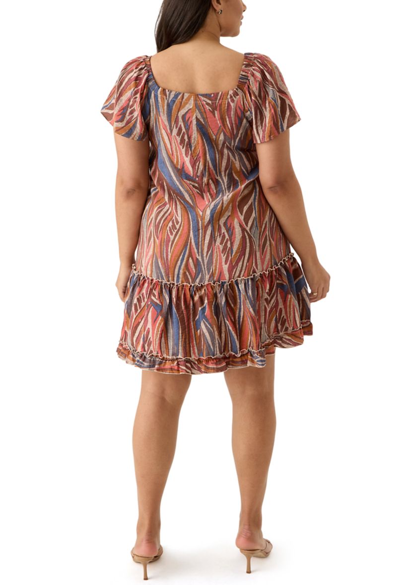 Plus Size Short Sleeve Square Neck Printed A-Line Dress