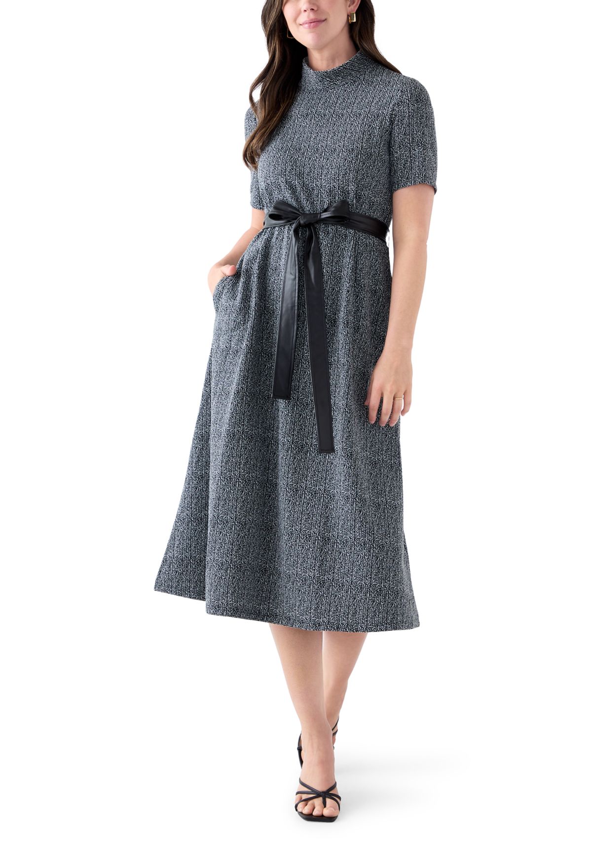 Womens Short Sleeve Mock Neck Bouclé Dress with Belt 
