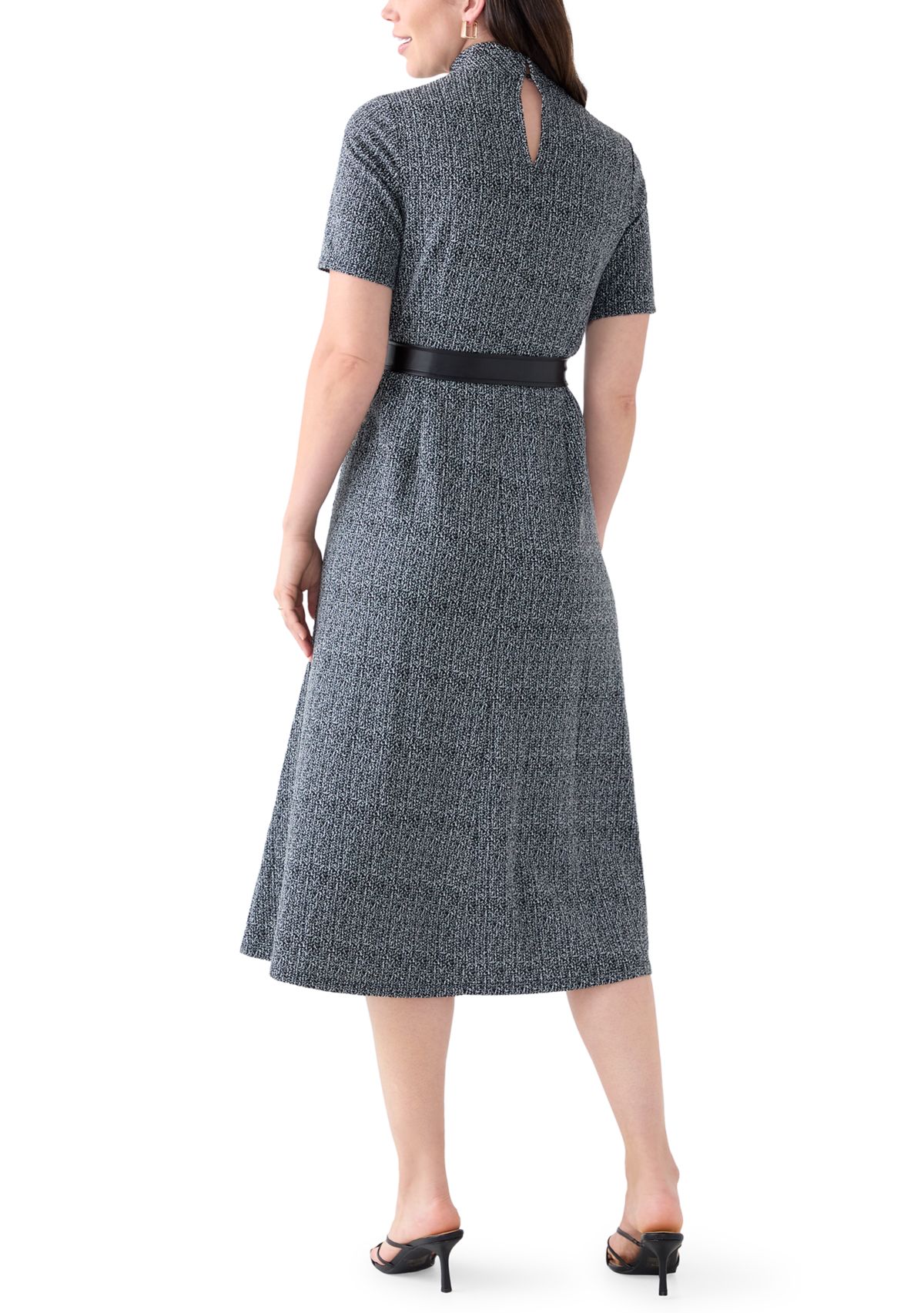 Womens Short Sleeve Mock Neck Bouclé Dress with Belt 