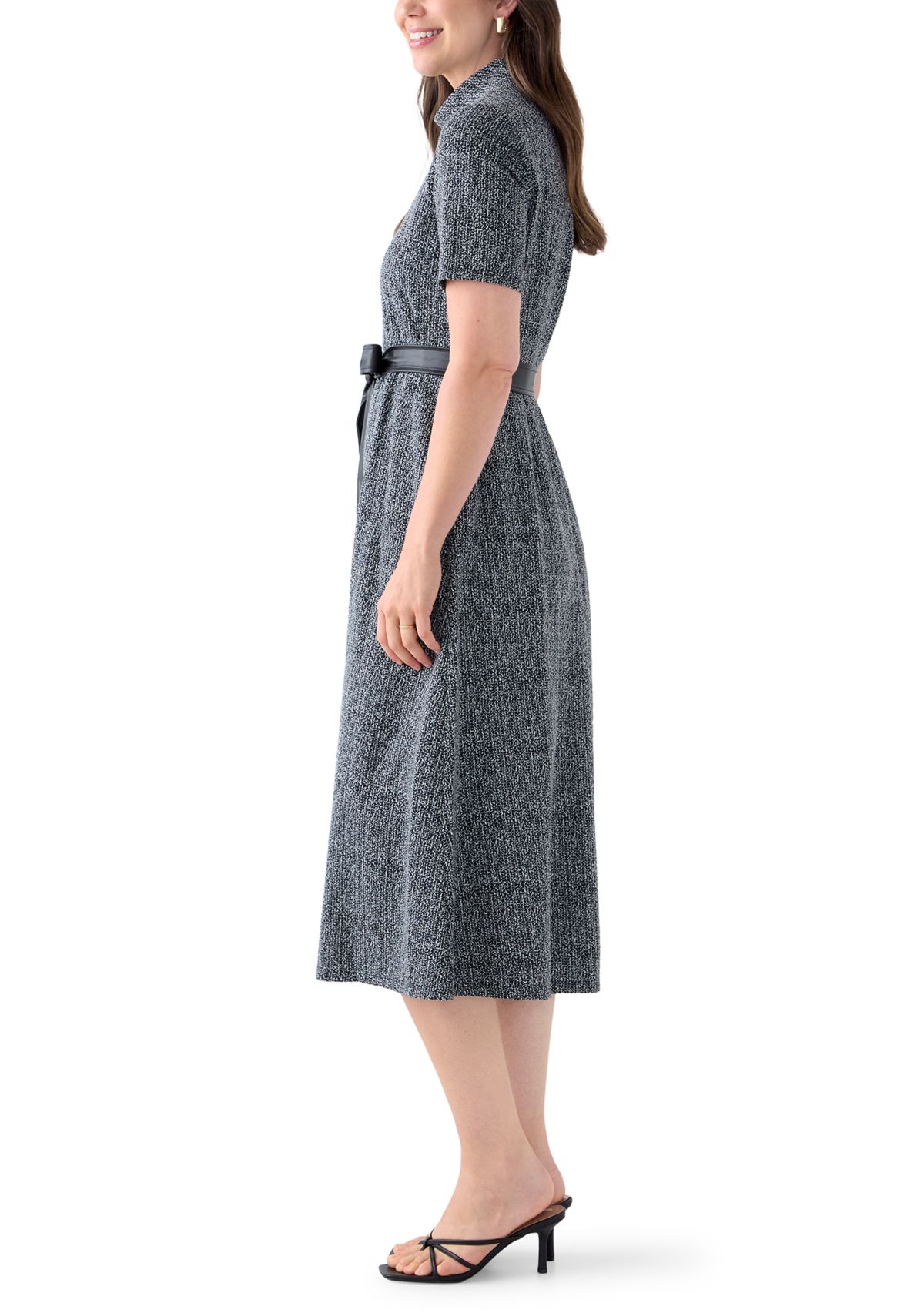 Womens Short Sleeve Mock Neck Bouclé Dress with Belt 