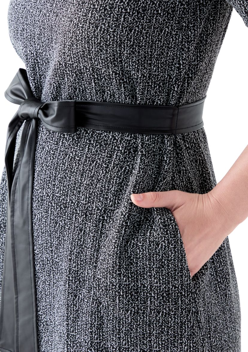 Womens Short Sleeve Mock Neck Bouclé Dress with Belt 