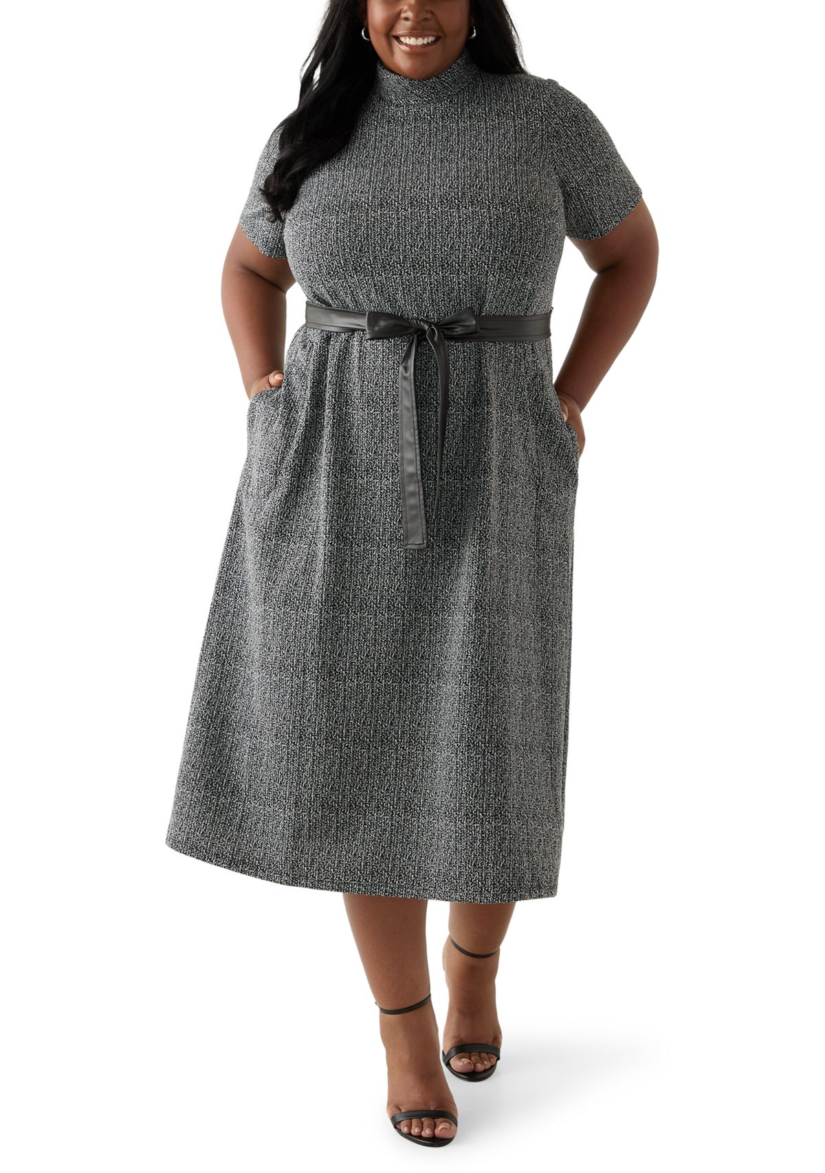 Plus Size Short Sleeve Mock Neck Bouclé Dress with Belt