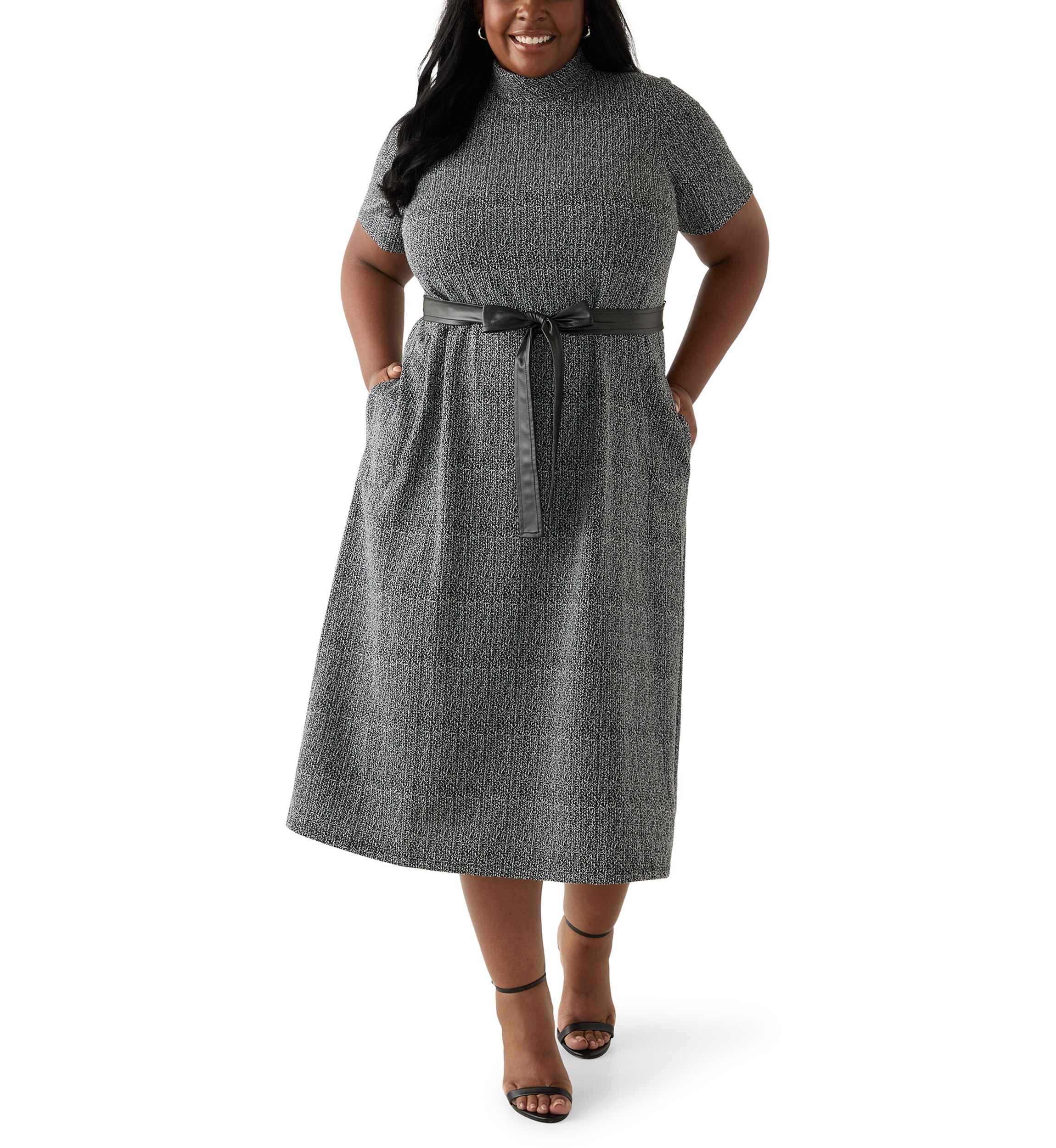 Plus Size Short Sleeve Mock Neck Bouclé Dress with Belt