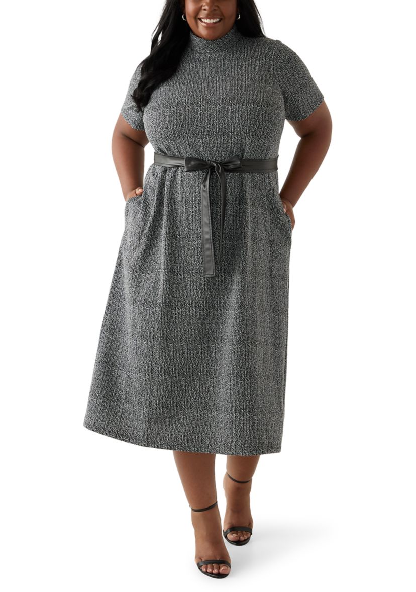 Plus Size Short Sleeve Mock Neck Bouclé Dress with Belt