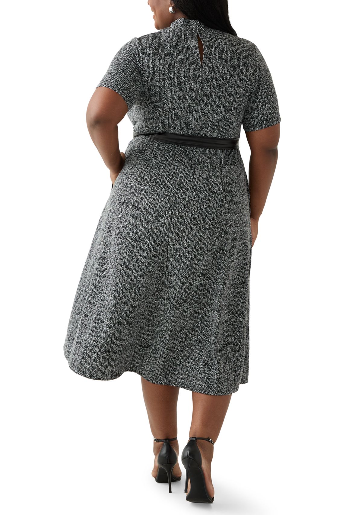 Plus Size Short Sleeve Mock Neck Bouclé Dress with Belt