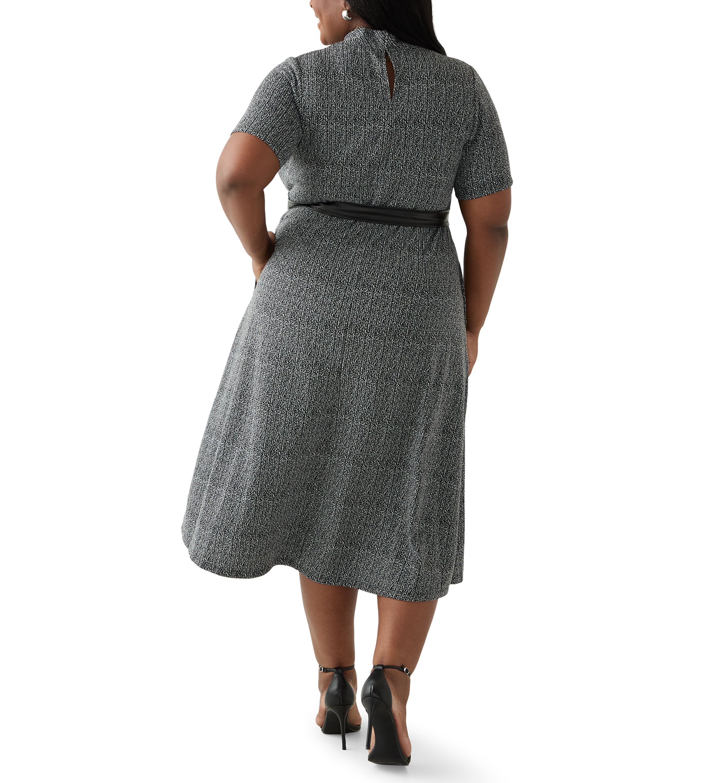 Plus Size Short Sleeve Mock Neck Bouclé Dress with Belt