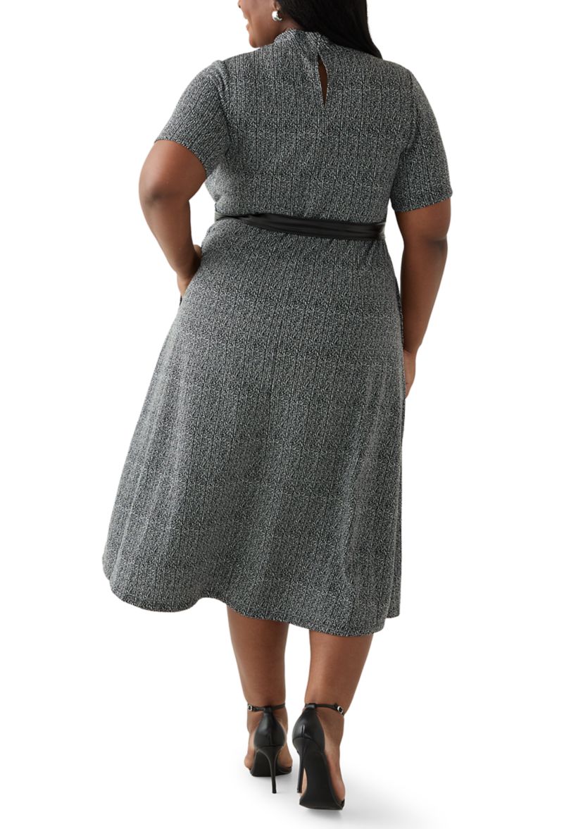 Plus Size Short Sleeve Mock Neck Bouclé Dress with Belt