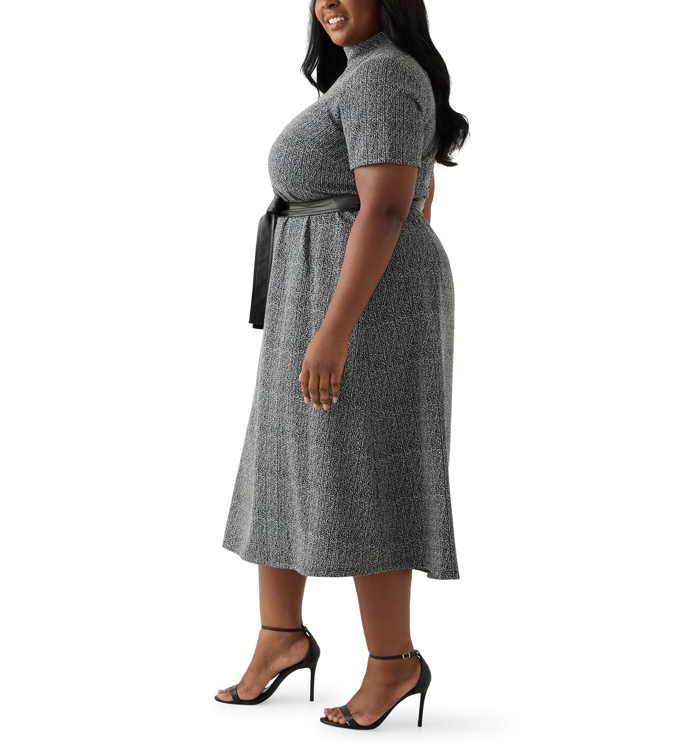 Plus Size Short Sleeve Mock Neck Bouclé Dress with Belt