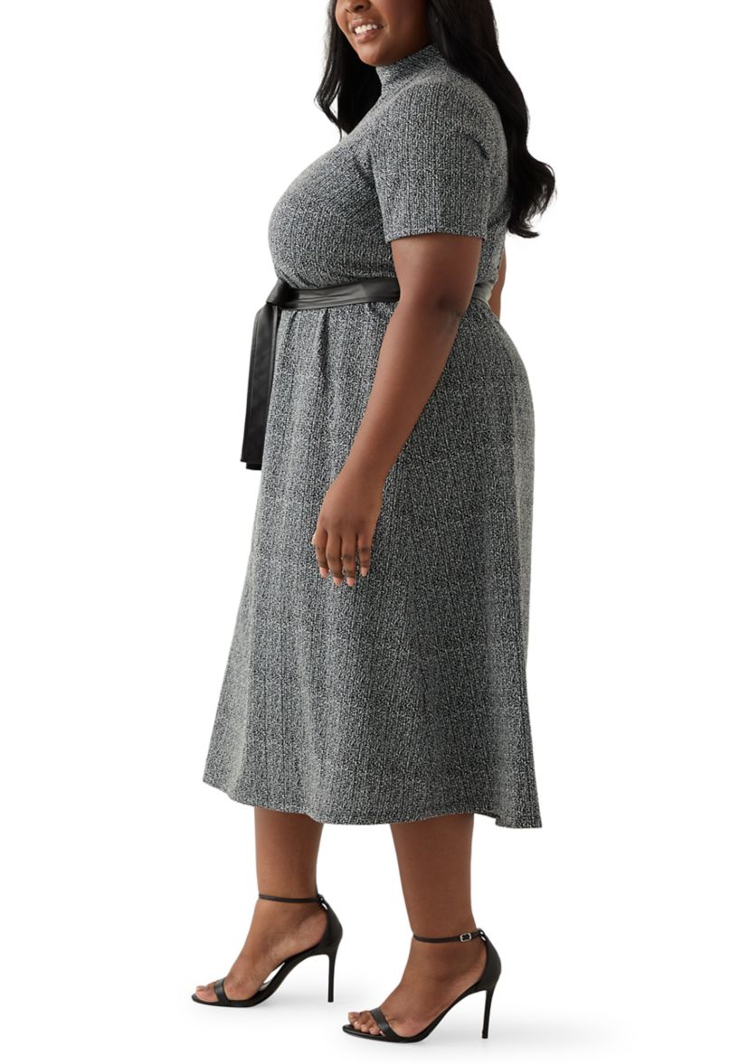 Plus Size Short Sleeve Mock Neck Bouclé Dress with Belt
