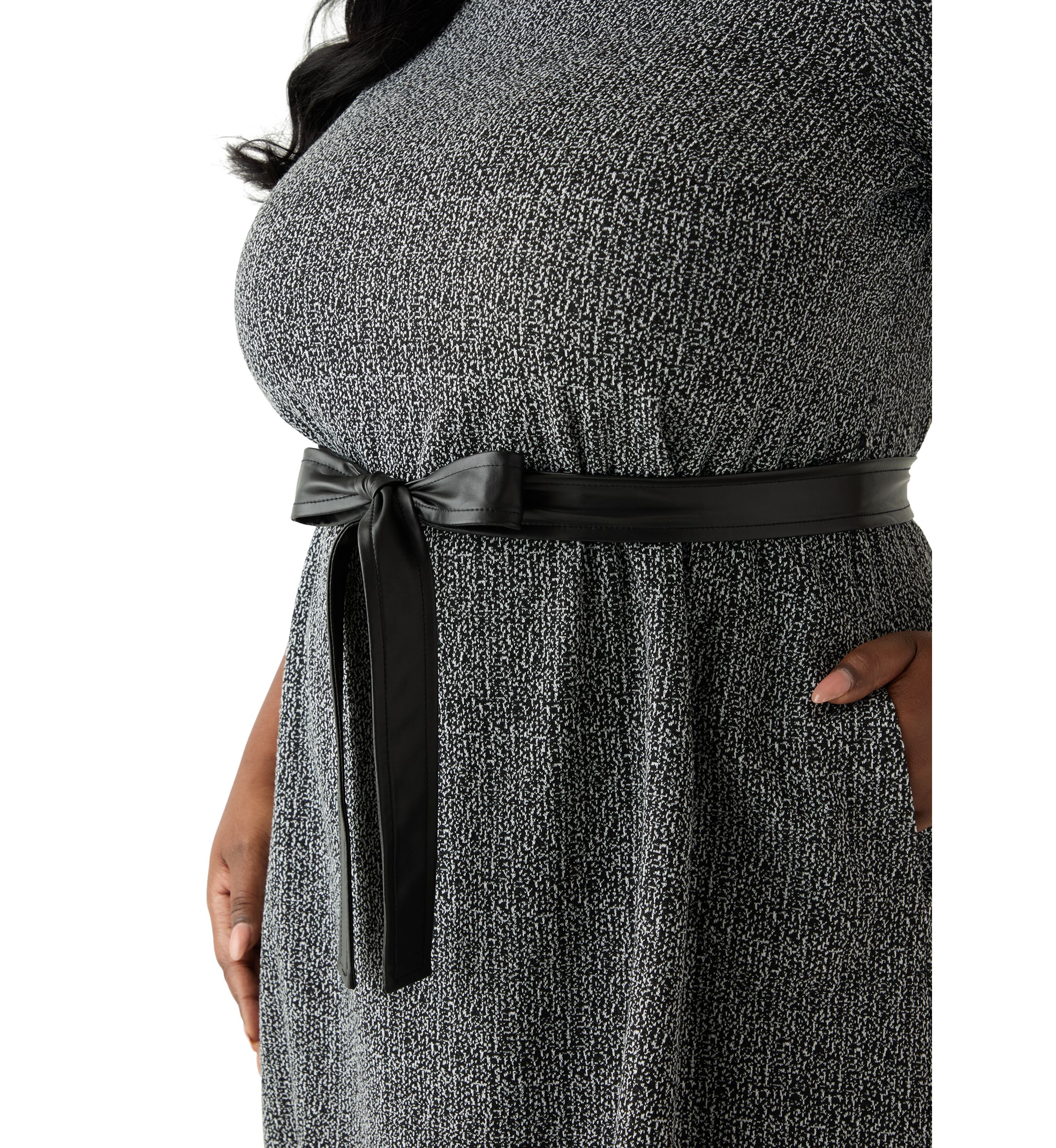 Plus Size Short Sleeve Mock Neck Bouclé Dress with Belt