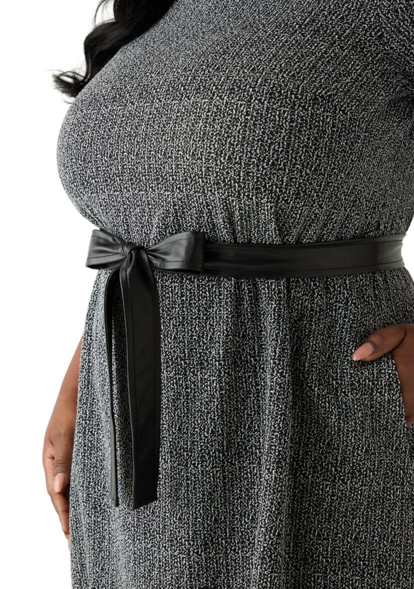 Plus Size Short Sleeve Mock Neck Bouclé Dress with Belt