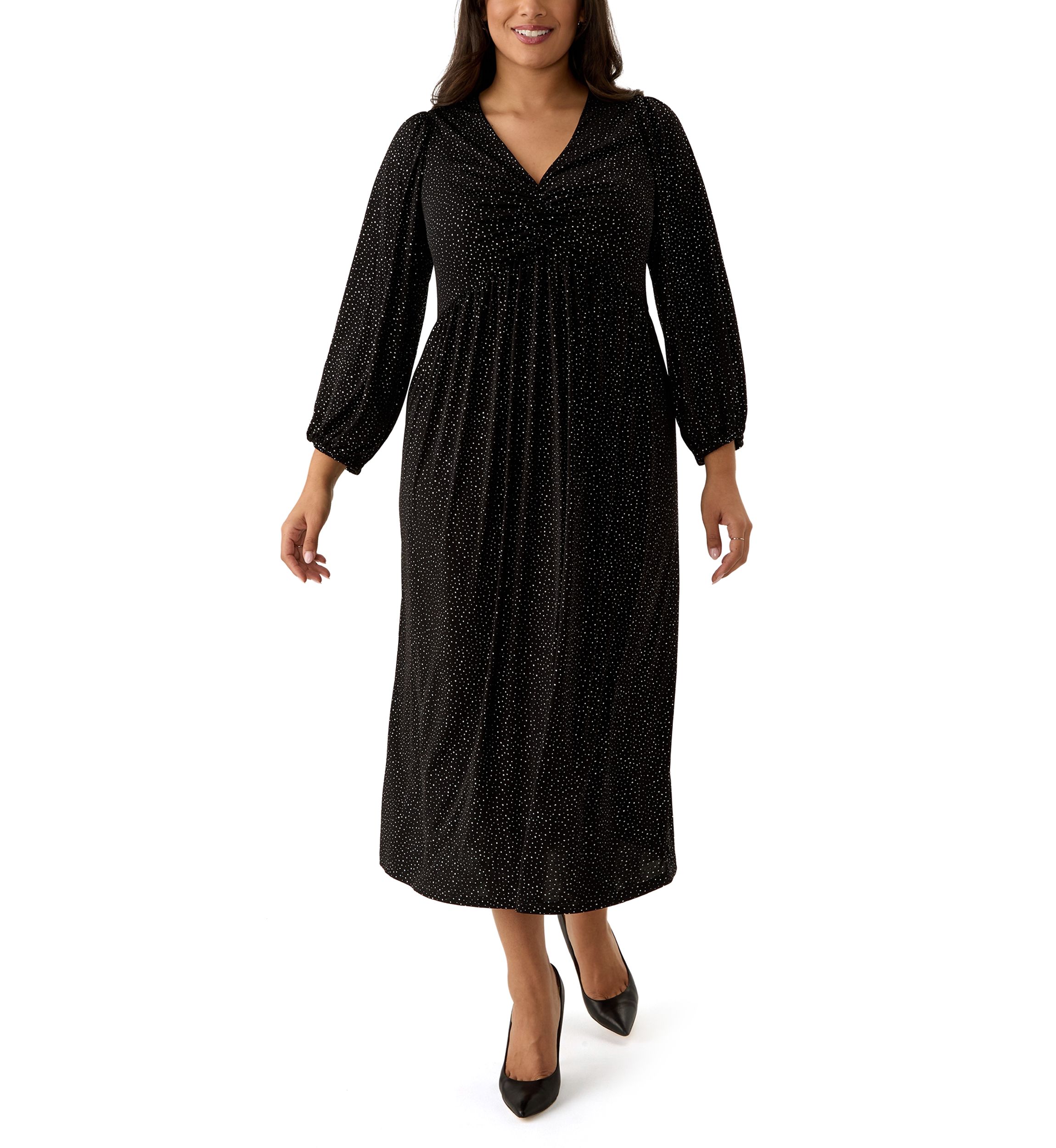 Plus Size Long Sleeve V-Neck Solid Glitter Knit Fit and Flare Dress