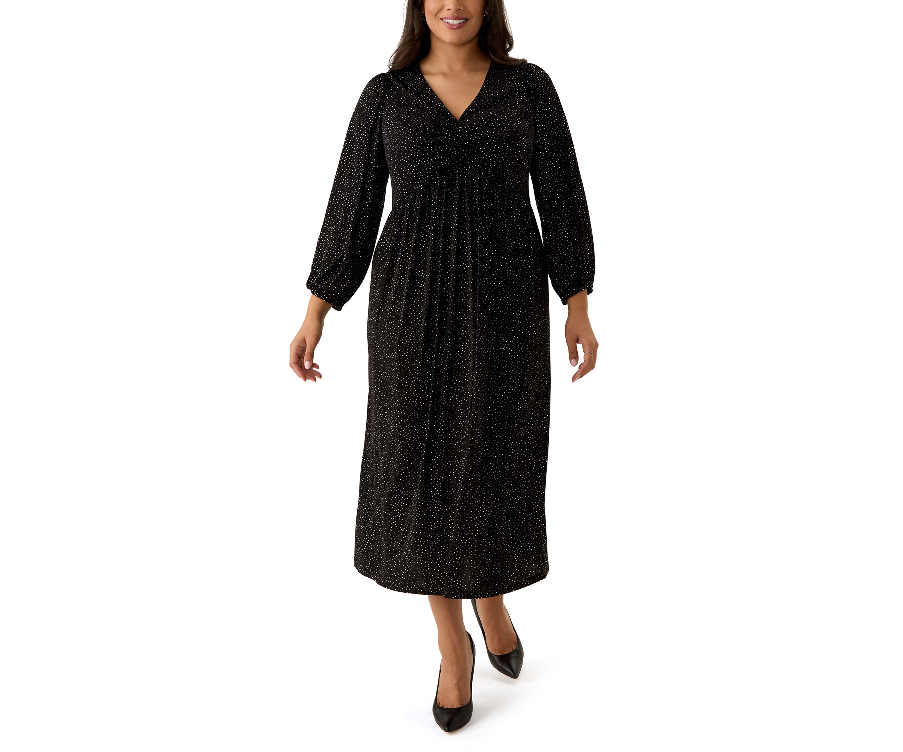 Plus Size Long Sleeve V-Neck Solid Glitter Knit Fit and Flare Dress