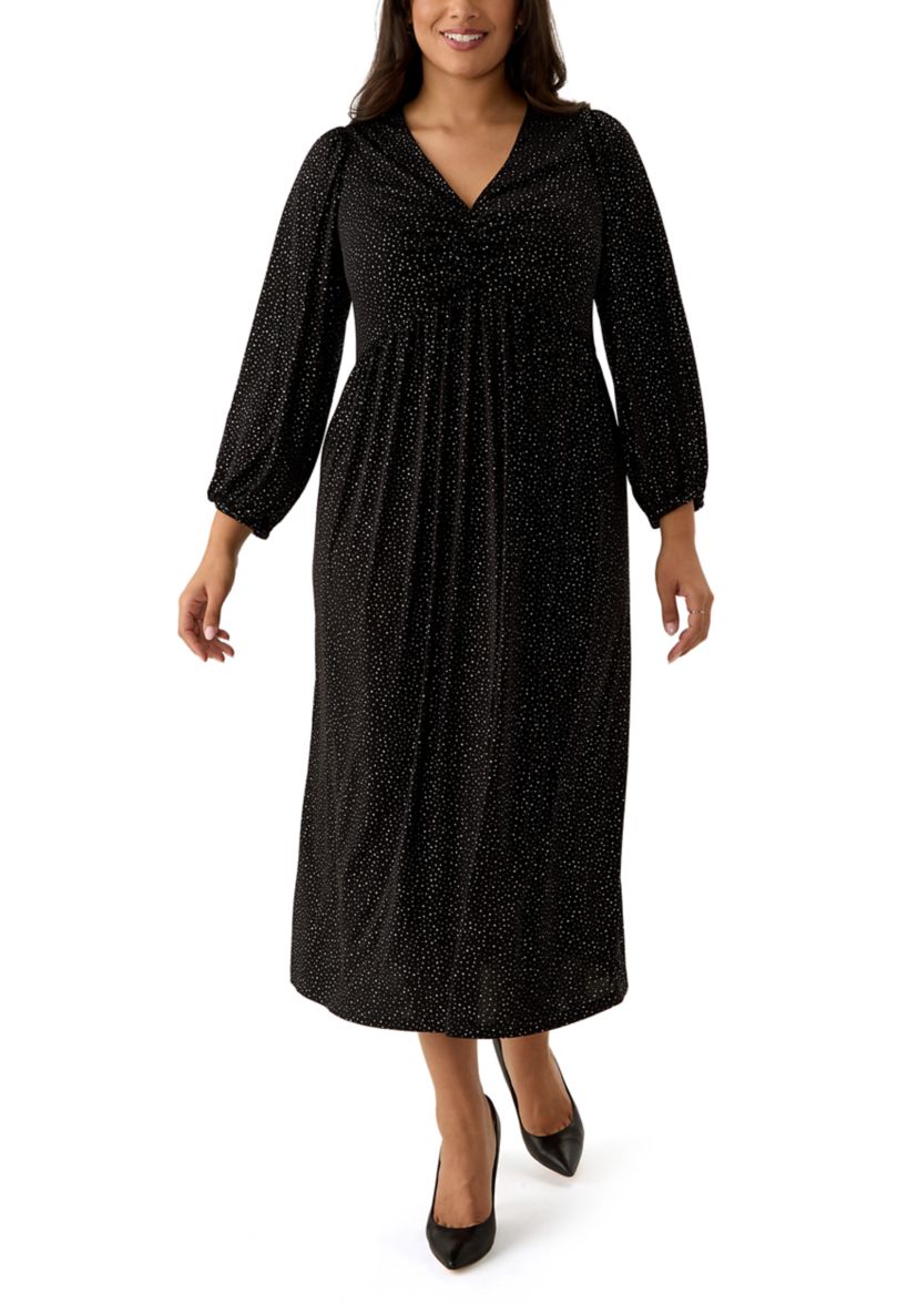 Plus Size Long Sleeve V-Neck Solid Glitter Knit Fit and Flare Dress