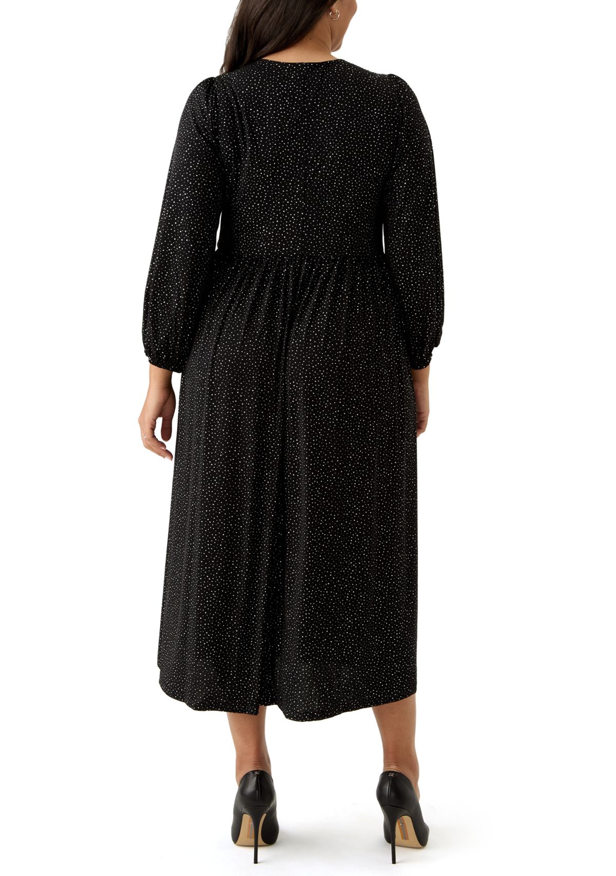Plus Size Long Sleeve V-Neck Solid Glitter Knit Fit and Flare Dress